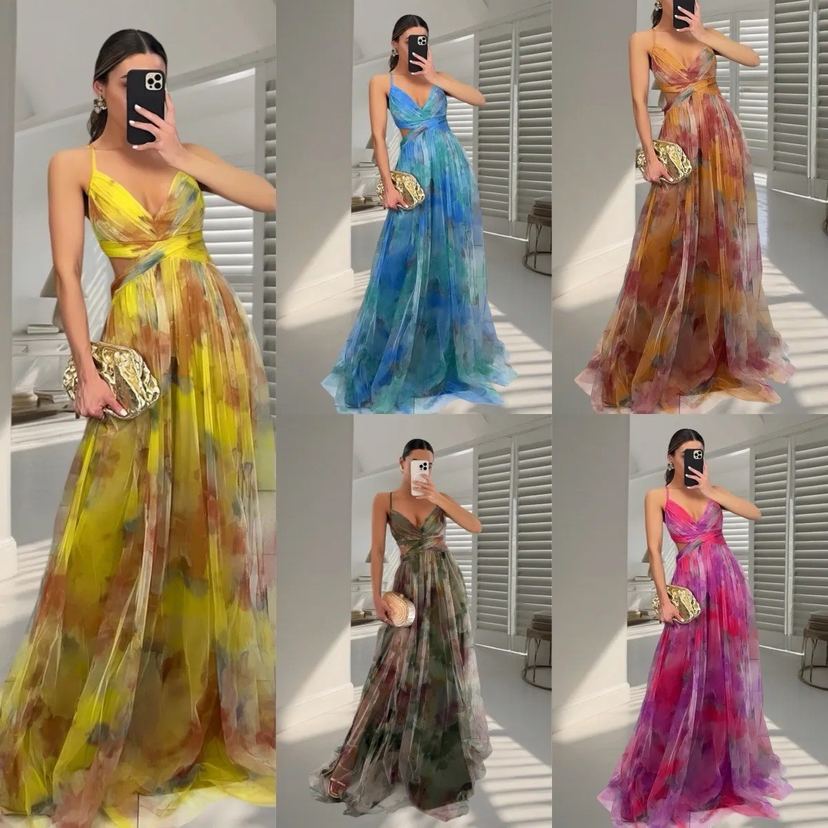 Watercolor Chiffon Maxi Dress Flowy Boho Evening Dress Prom Wedding Guest Dress/