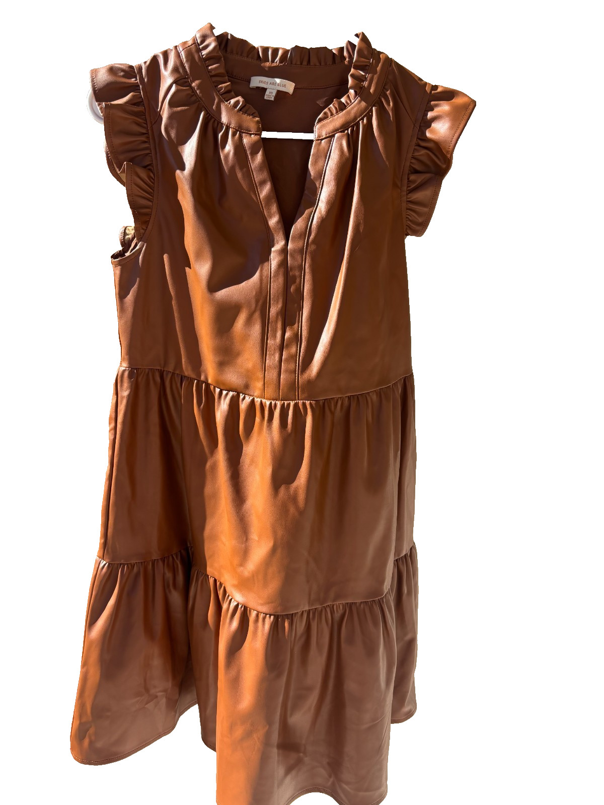 Skies Are Blue Vegan Faux Leather Tiered Mini Dress Cognac Ruffle Size XS