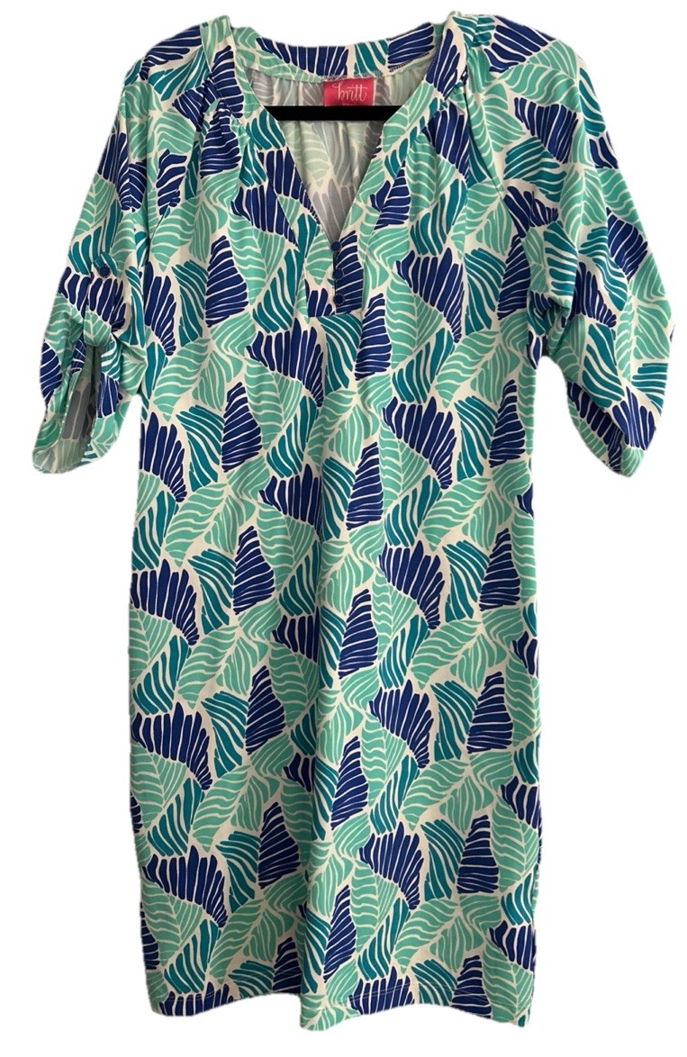 Resort Beach Shift Dress Britt Navy Aqua Leaf Dress Lightweight Medium Nylon