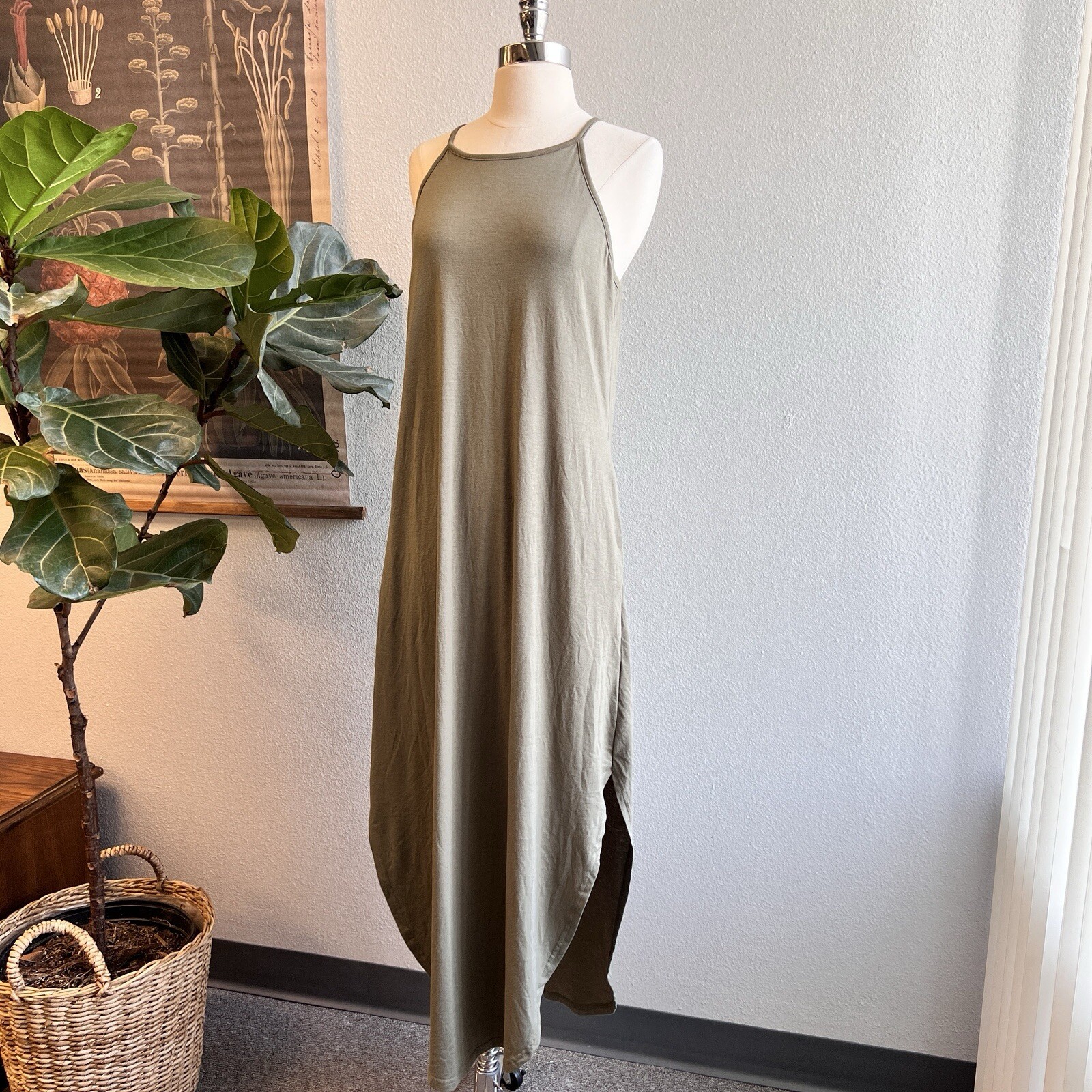 Anrabess Olive Green Maxi Sundress Pockets Casual Beachy Short Sz M