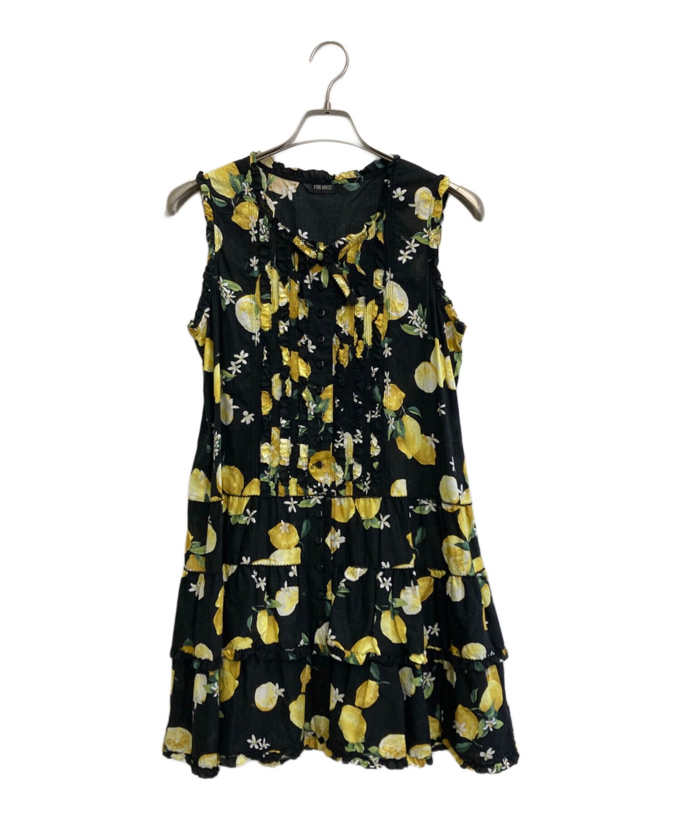 PINK HOUSE Lemon Print Frill Dress/ Black x Yellow/ Size: None