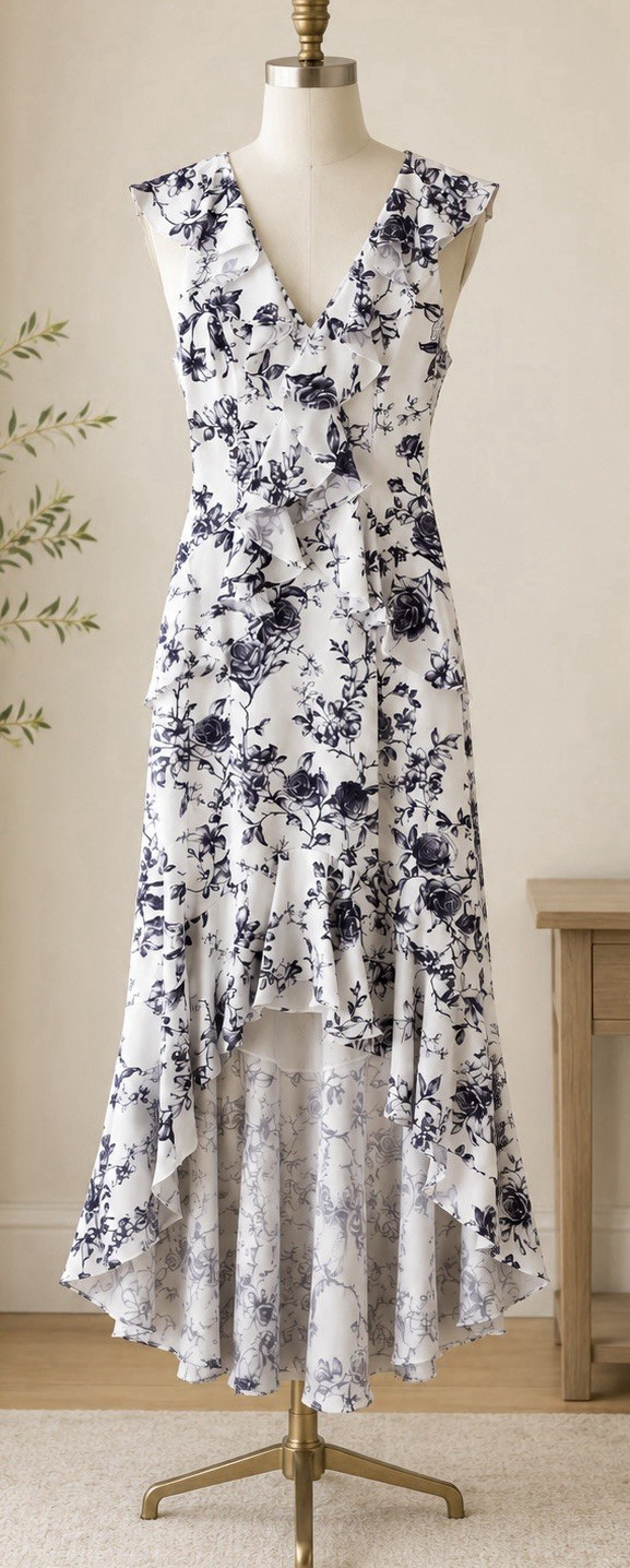 CeCe Floral High-Low Ruffle Dress Size 8 NWT White Purple Midi MSRP $149