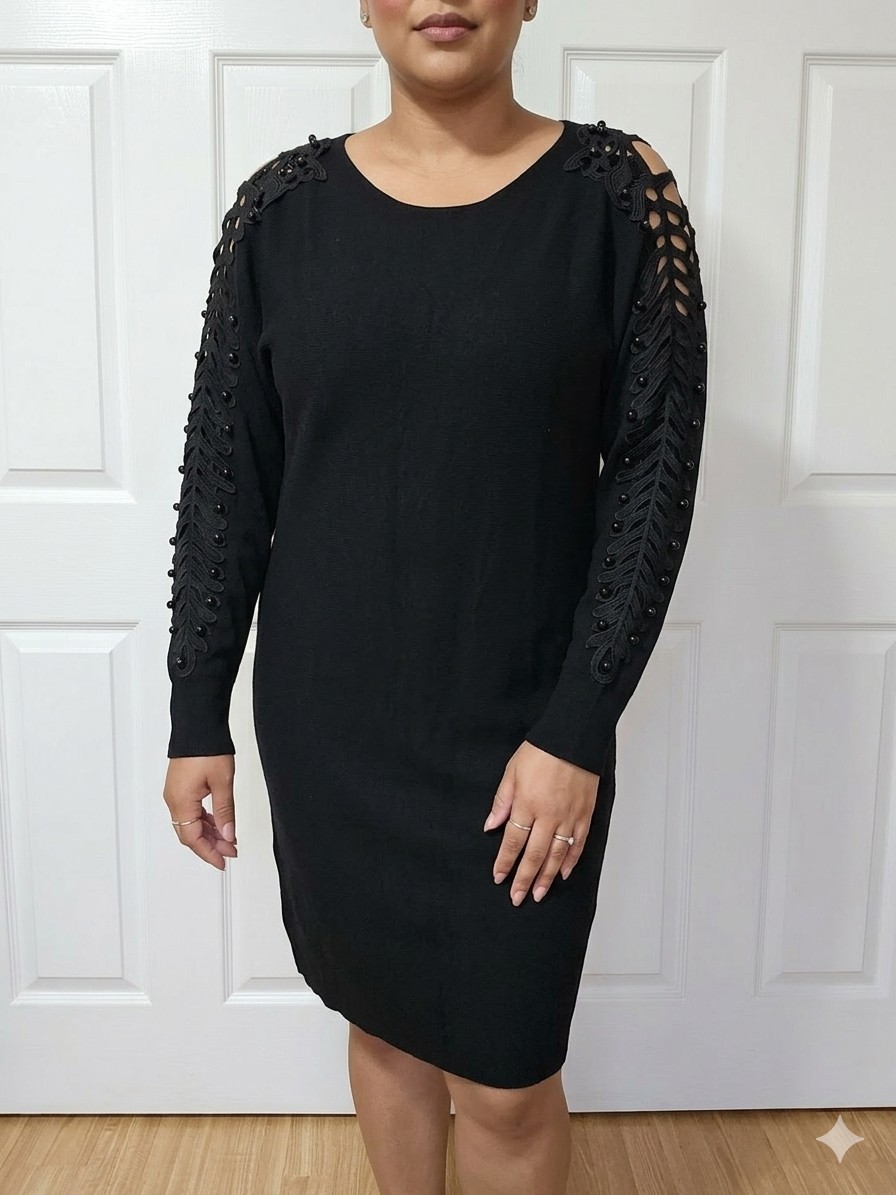 Sirenlily Black Viscose Blend Beaded Lace Shoulder Sweater Dress Women’s L NWT
