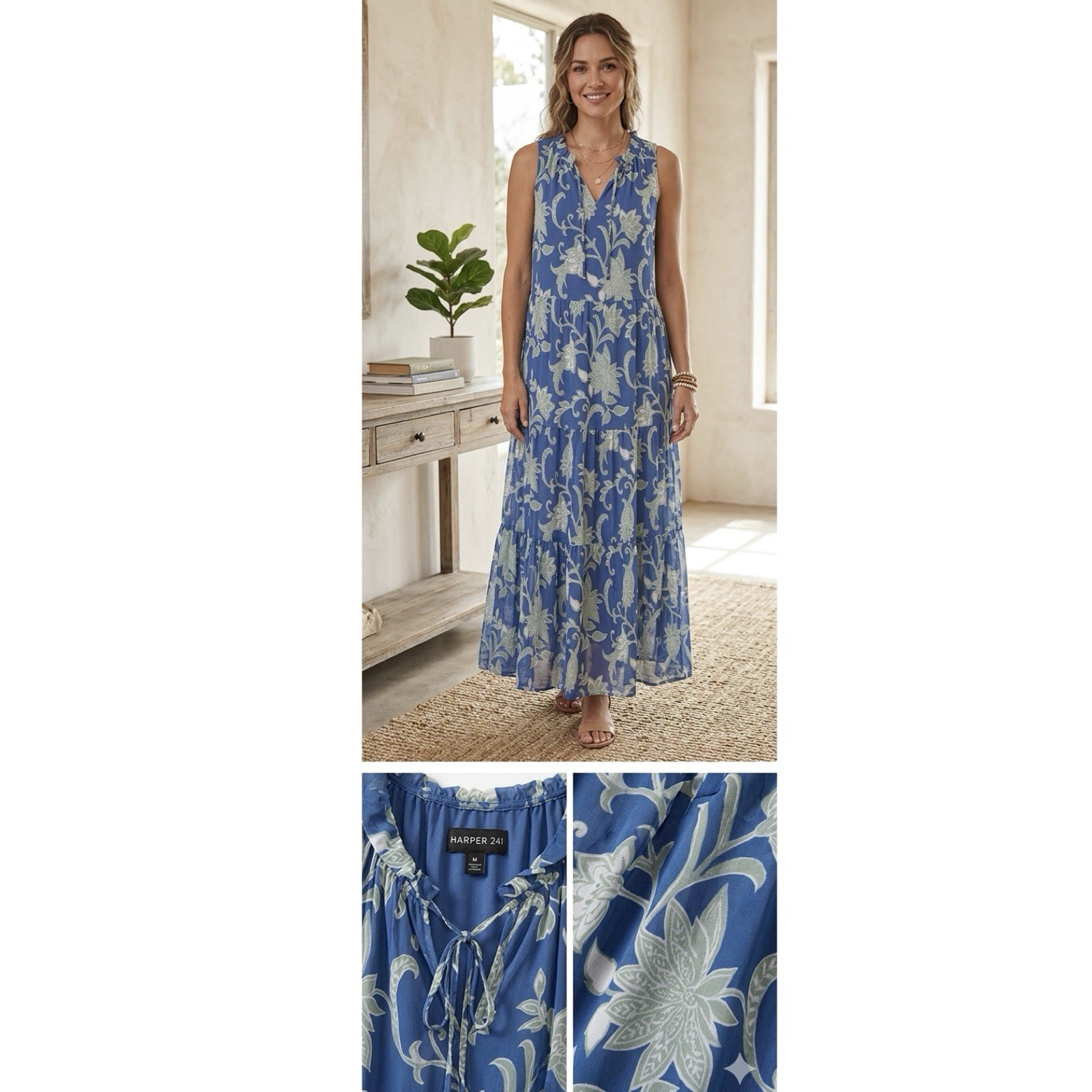 Harper 241 Blue Floral Print Maxi Dress Sleeveless Size Medium
