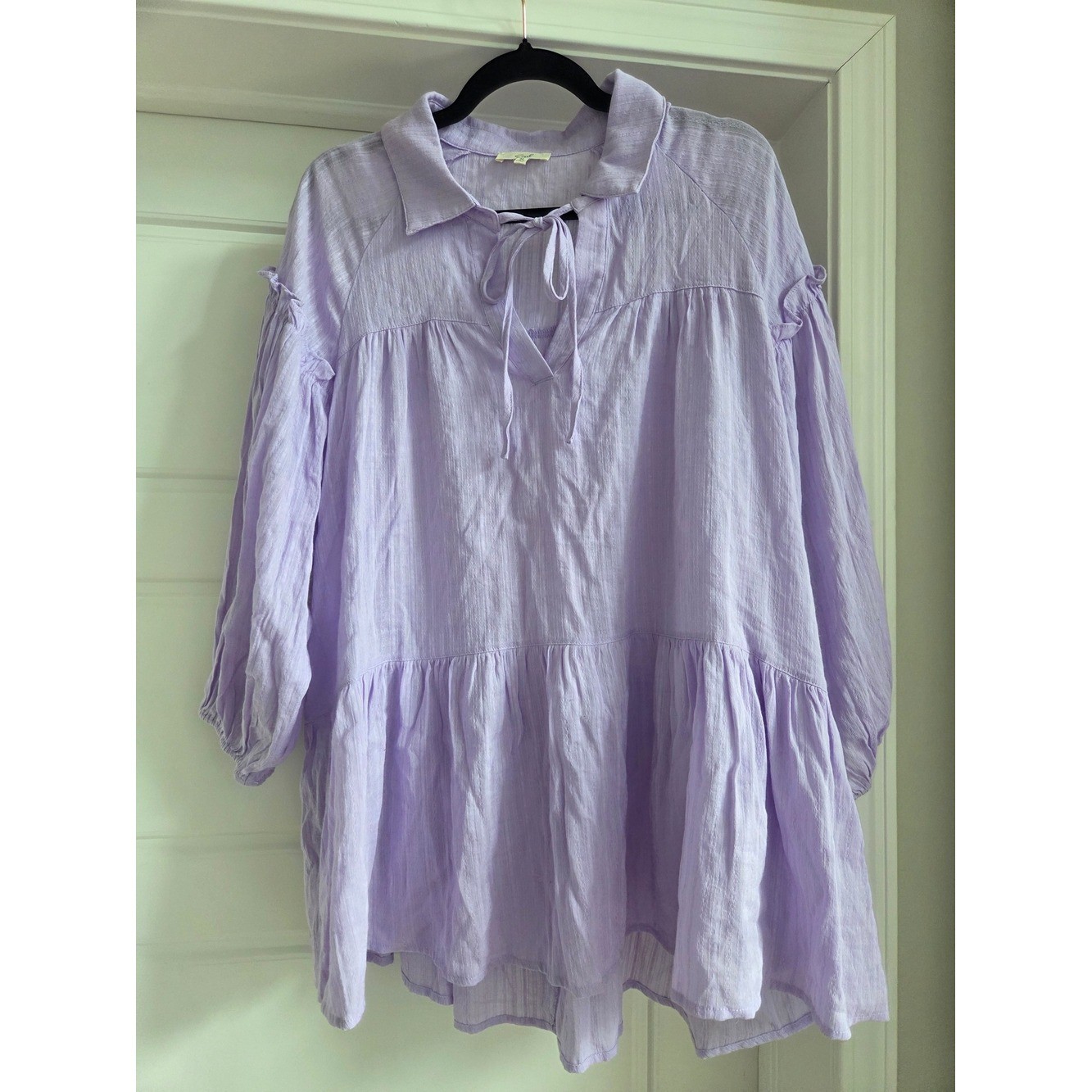 Easel Lavender Gauze Peasant Bohemian Mini Dress / Tunic Top with Tie Neck
