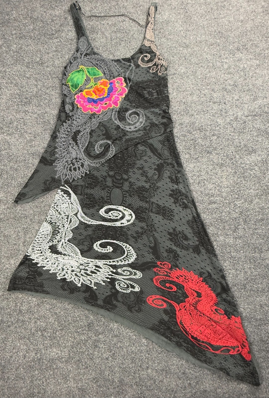 Desigual Asymmetrical Sun Dress Dragon Floral Asian Y2K Fitted Stretch Small
