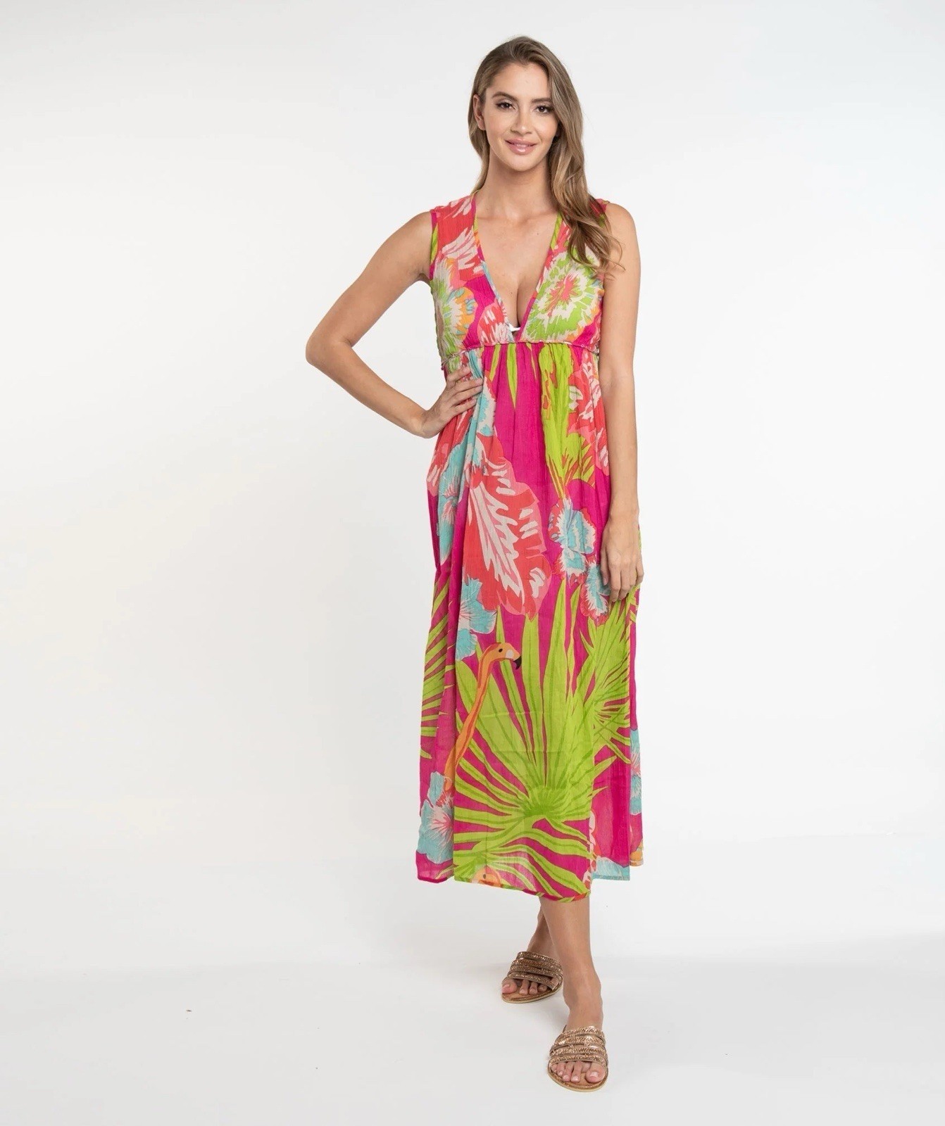 Pia Rossini Tropical Floral Maxi Dress Tassel Tie V-Neck Sleeveless Size M/L