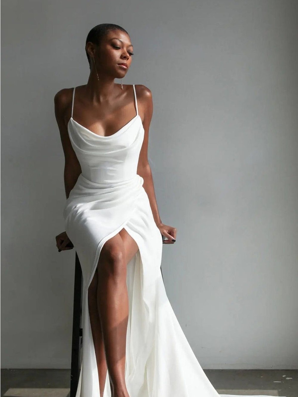 Essence of Australia 3589 Elegant White Slip Gown with Cowl Neck and Thigh Slit