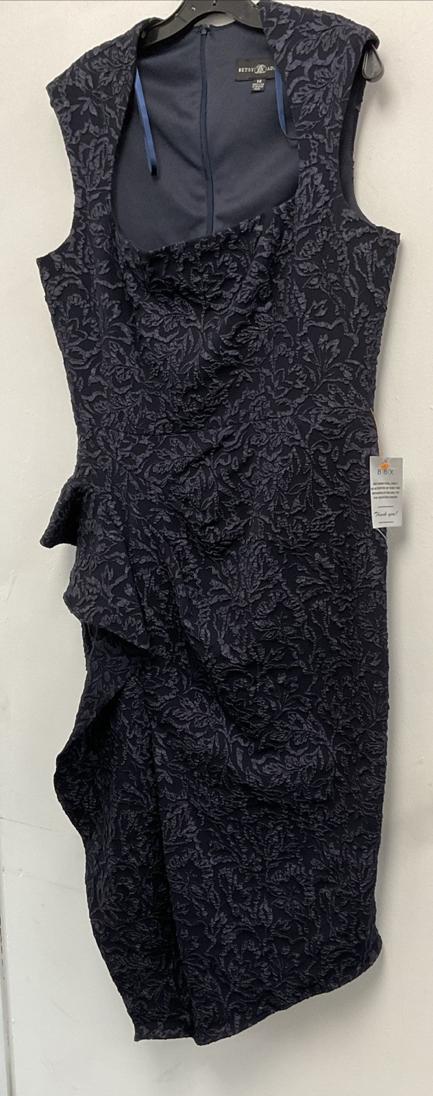 Betsy & Adam Elise Jacquard Knee Length Ruffle Square Neck Dress – Navy -Size 14