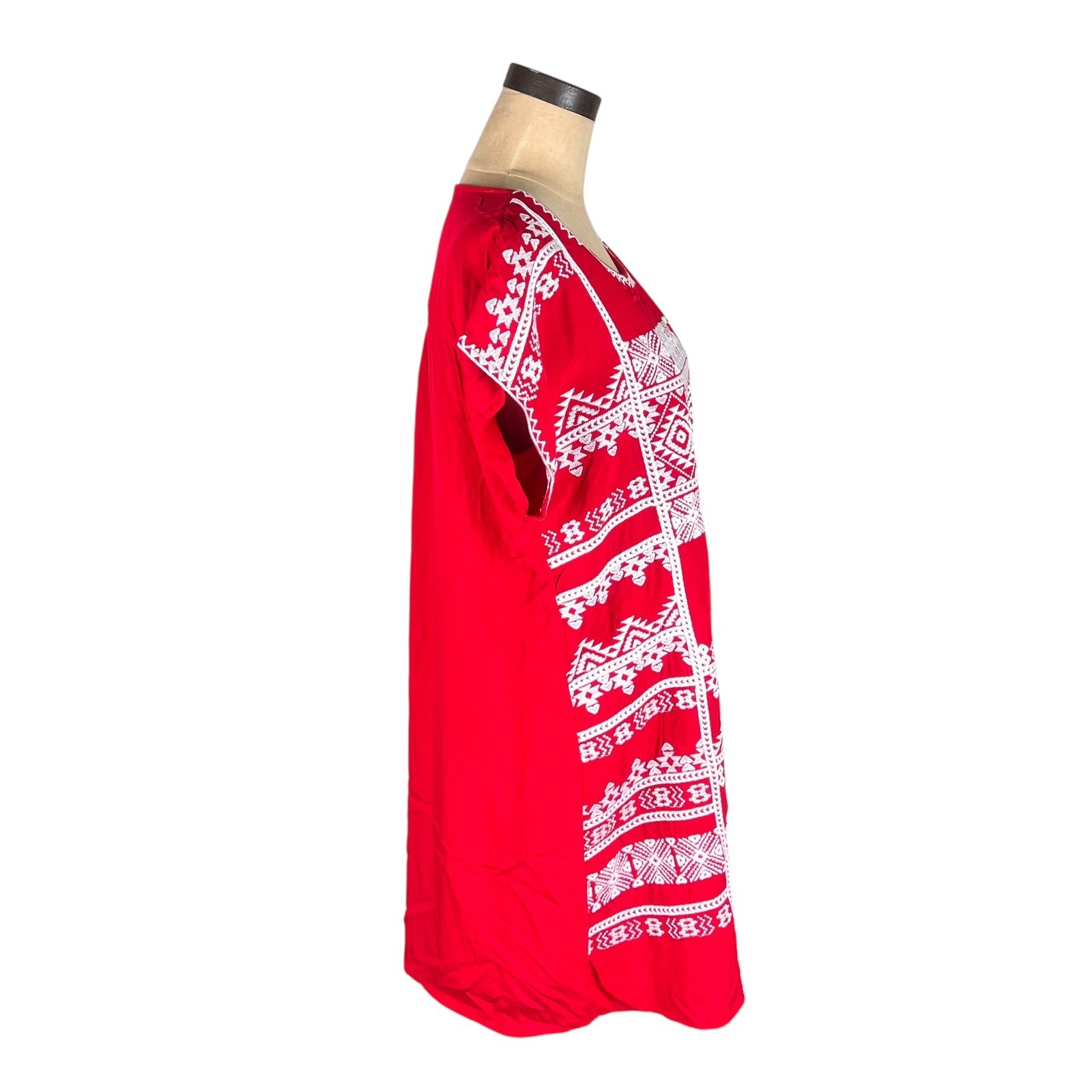 Savanna Jane Red Embroidered Boho Shift Dress Women Large Geometric Cap Sleeve