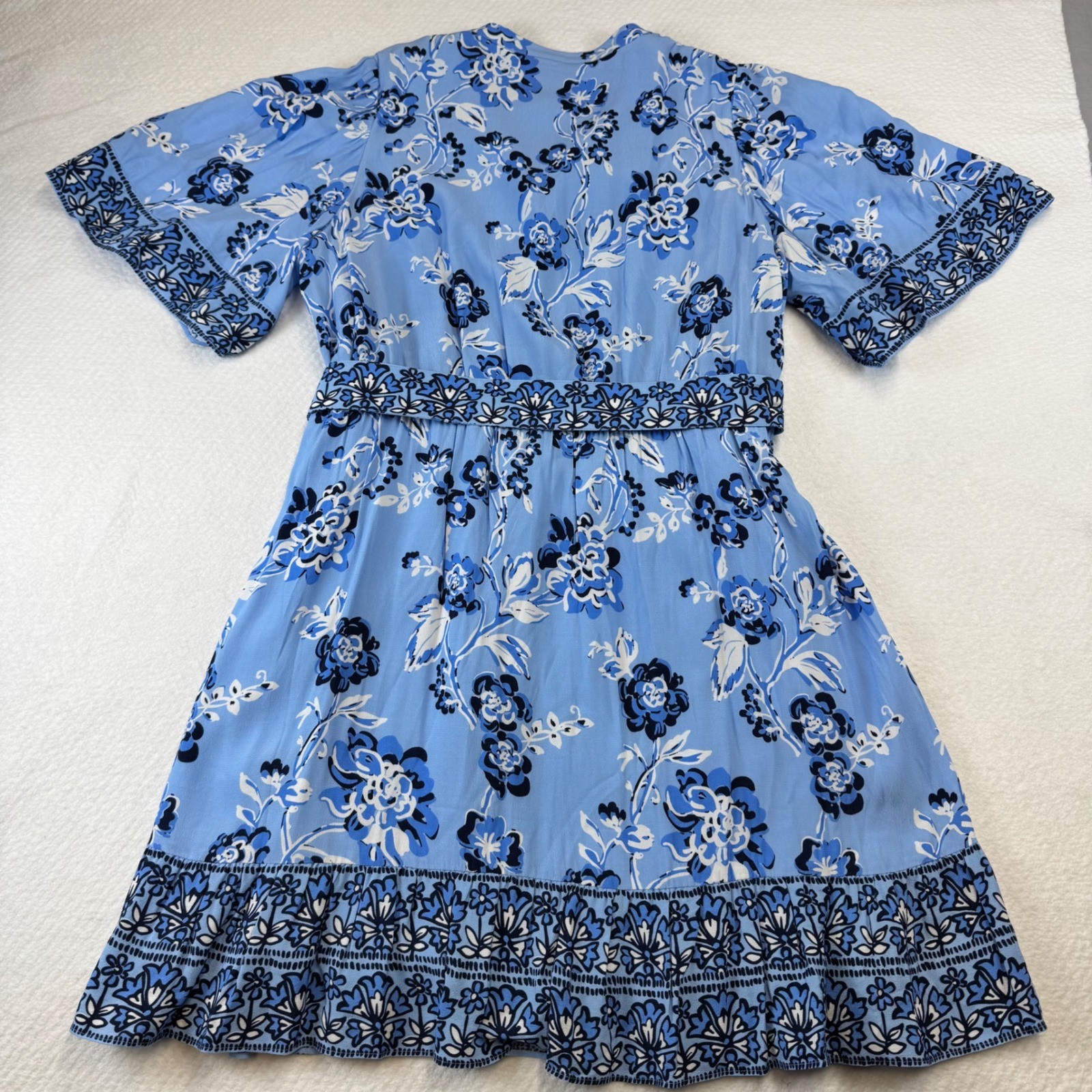 STS Blue Floral Midi Dress Button Front Flutter Sleeve Wood Buckle Belt XL