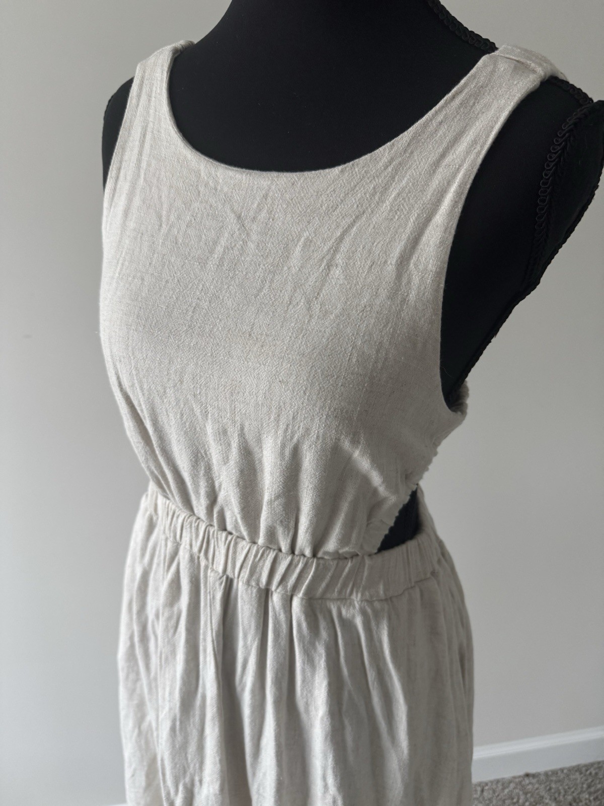 FORE Women’s Linen Blend Cutout Midi Dress Size Small Oatmeal Open Back Resort