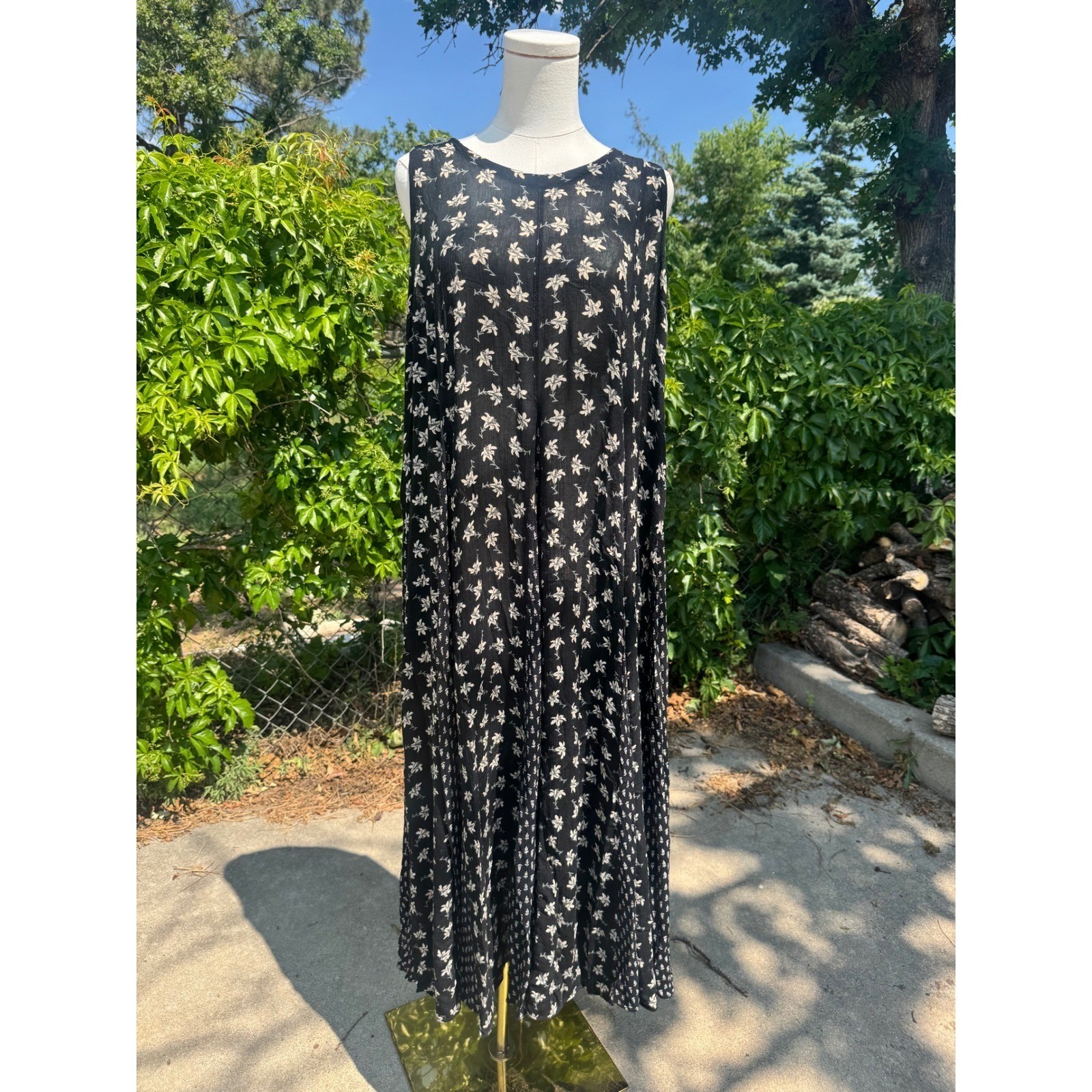 Boho Fairy Grunge Floral Maxi Dress Whimsigoth Oversized Semi Sheer Black M