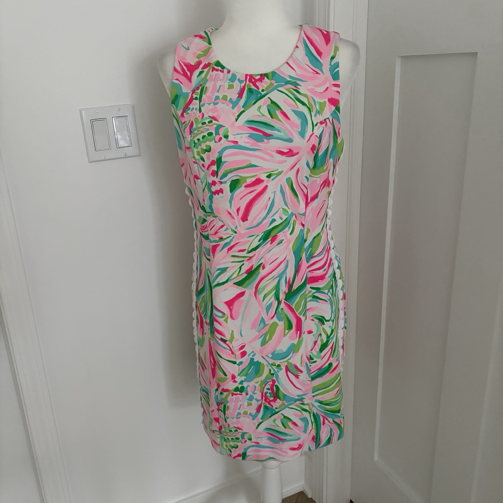 Lilly Pulitzer Mila Knit Shift Dress Pink Sz 8 Tropical Print Resort Preppy *X3