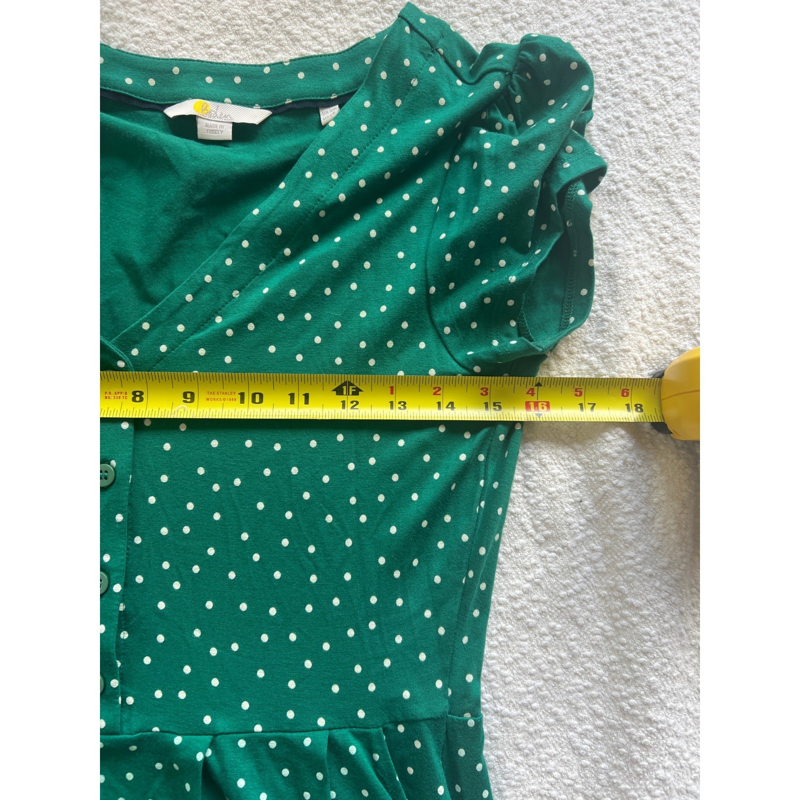 Boden Green Polka Dot V-Neck Button Front Jersey Dress Short Sleeve US 6R