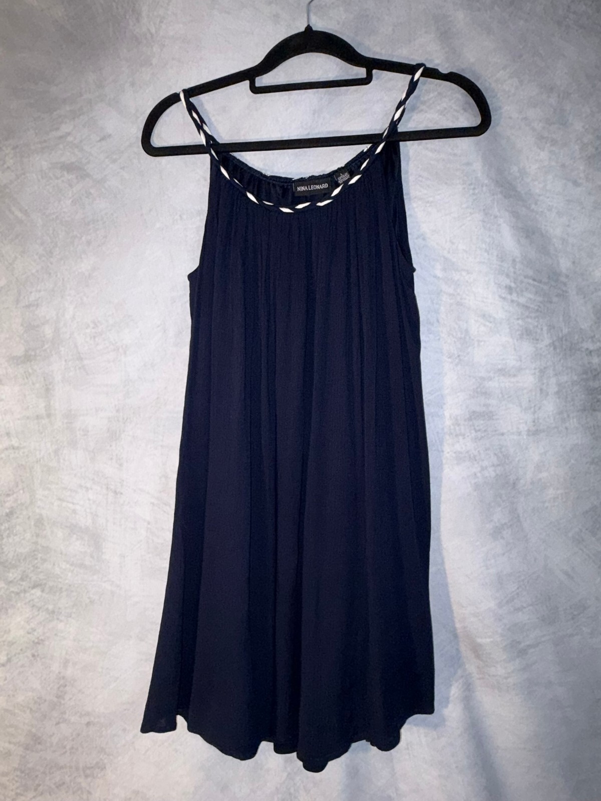 Nina Leonard Navy Sleeveless Swing Dress Braided Straps Large