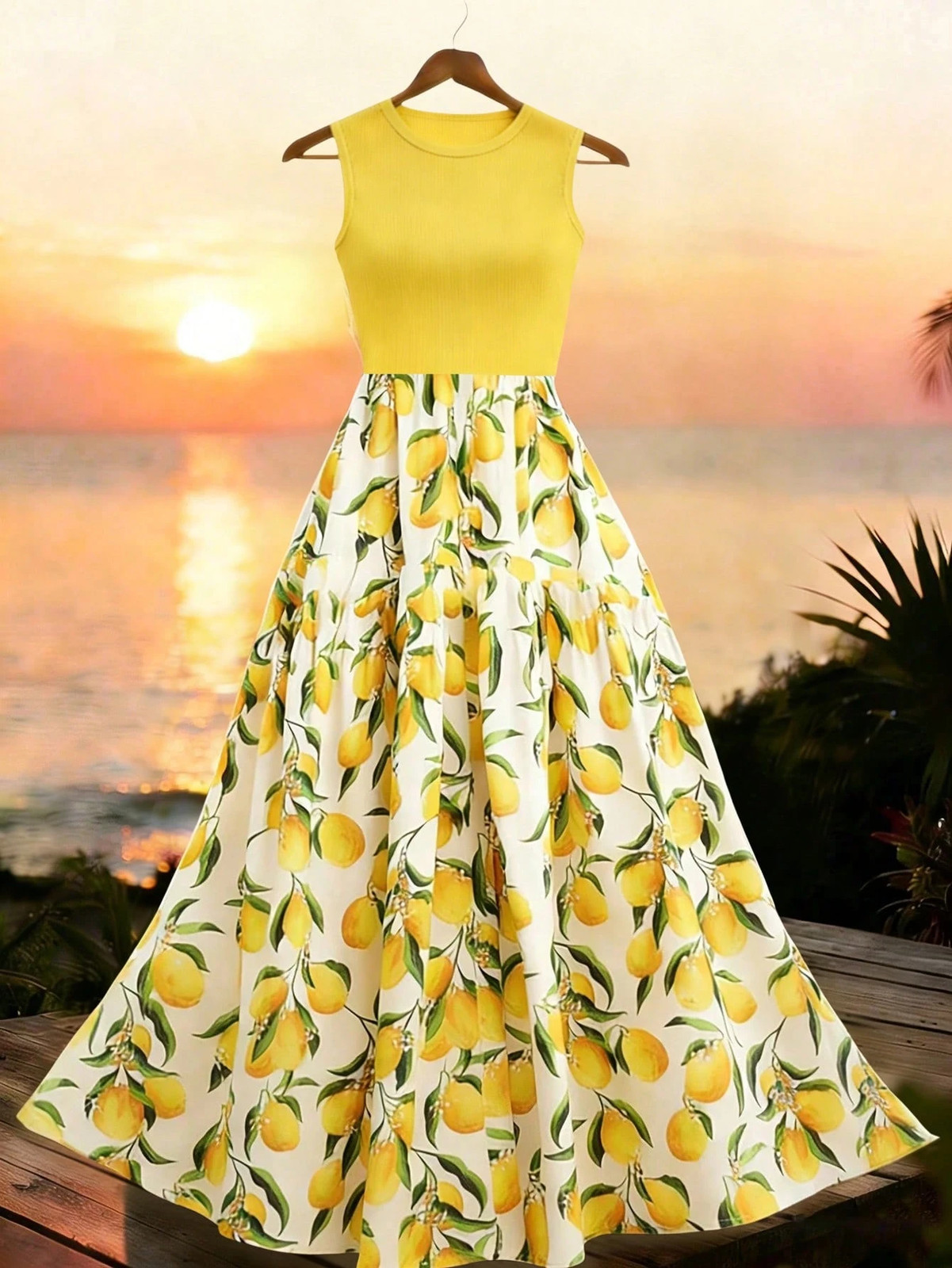 Elegant Lemon Pattern Beach Midi Dress