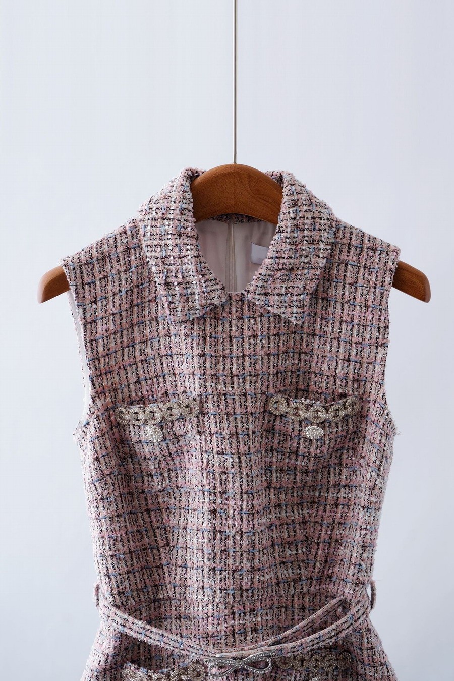 Self-Portrait Tweed Patchwork Pleated fabric chiffon Sleeveless Dresses Belts