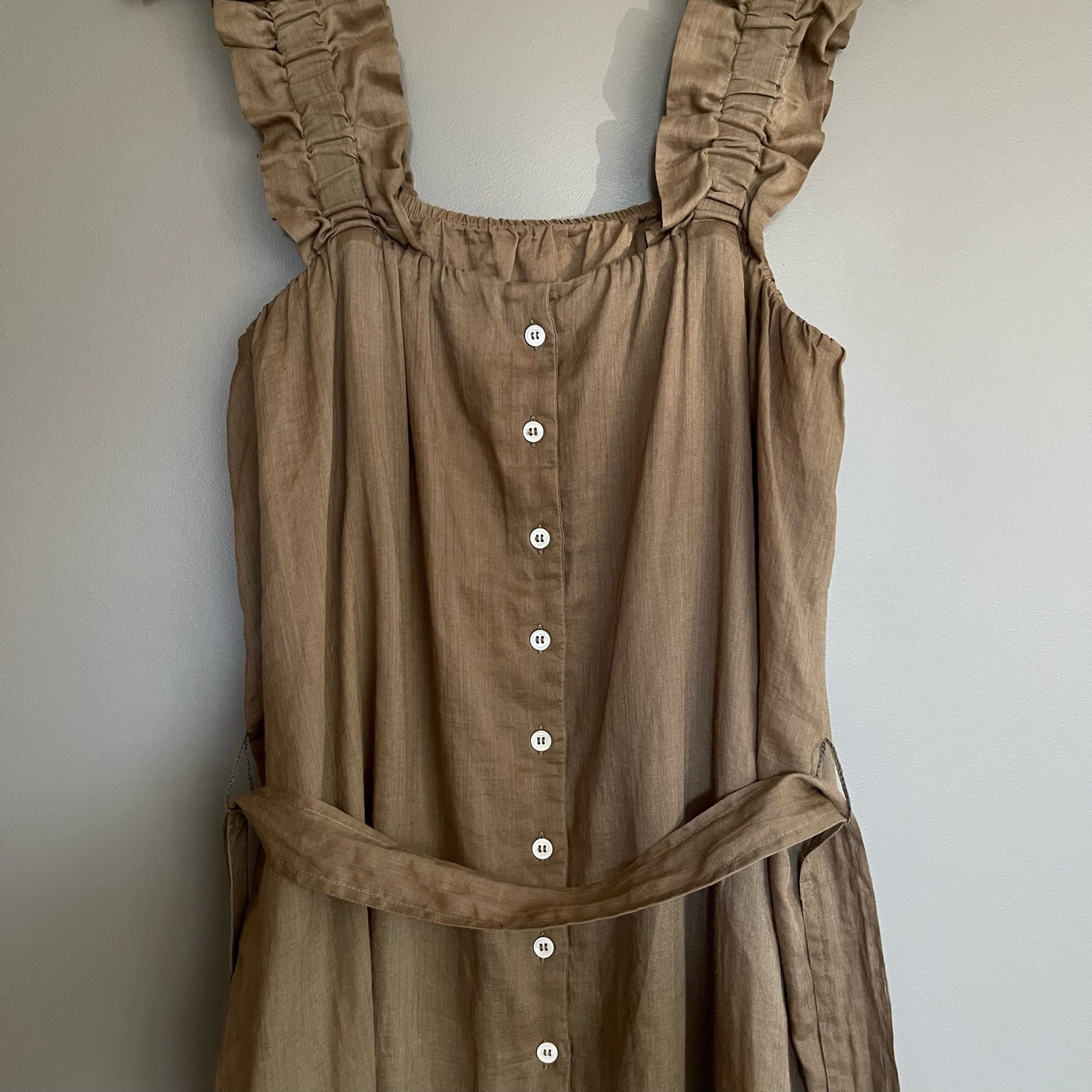 Frame Ruffle Strap Button Back Dress in Moss Size Small Khaki Green Ramie Chic