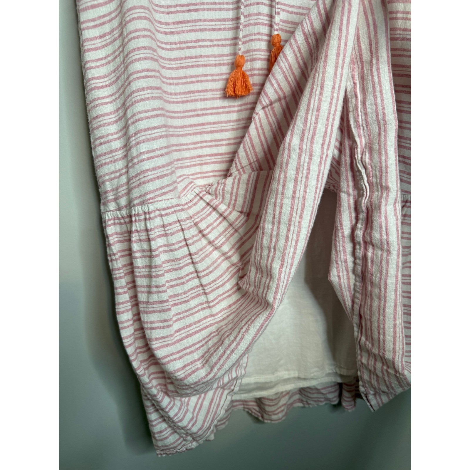 BEACHLUNCHLOUNGE Striped Pink Rose Embroidered Boho Linen Blend Daphine Dress XS