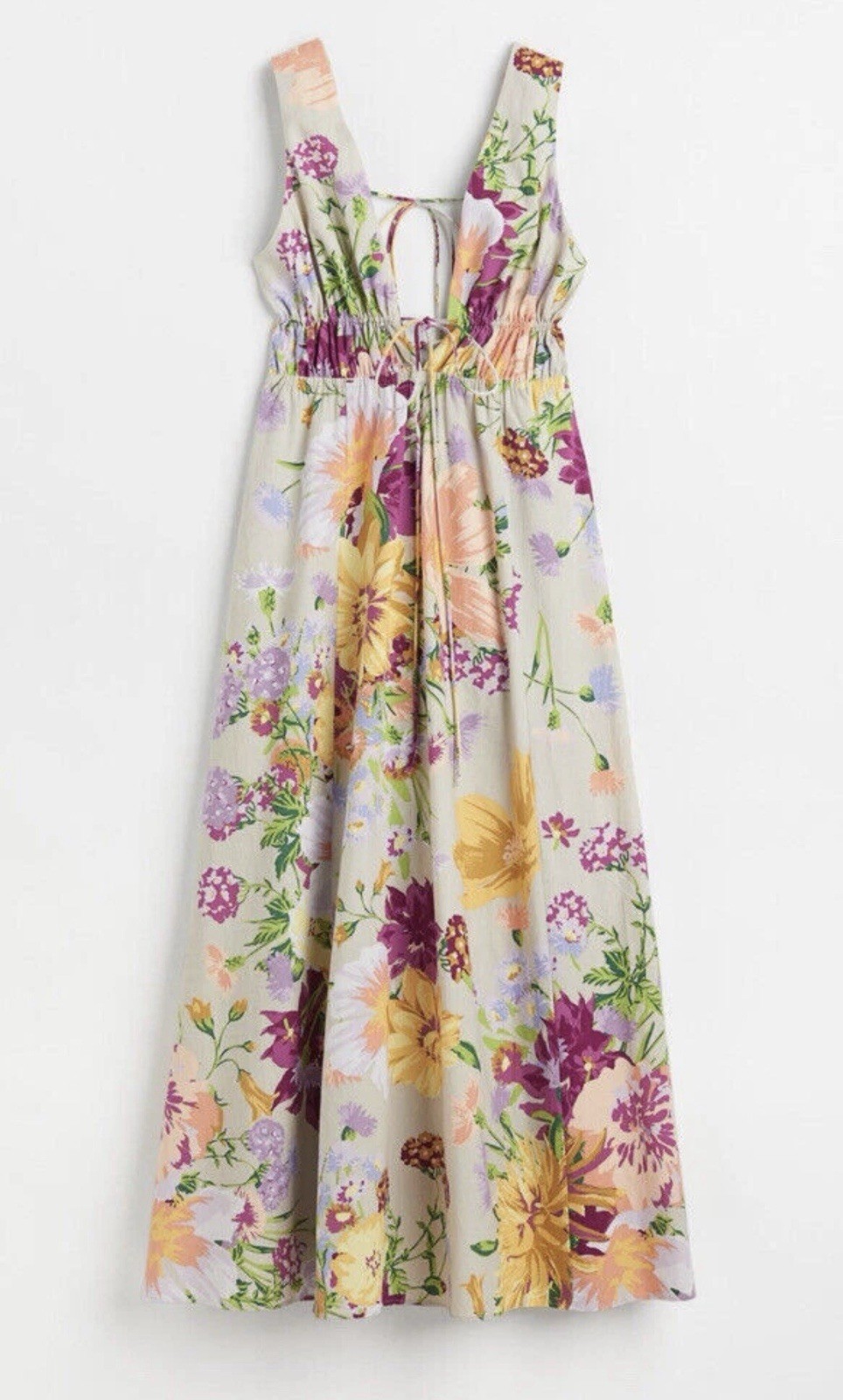 H&M Floral Summer Cotton Linen Maxi Dress Fully Lined Adjustable Long Large / L