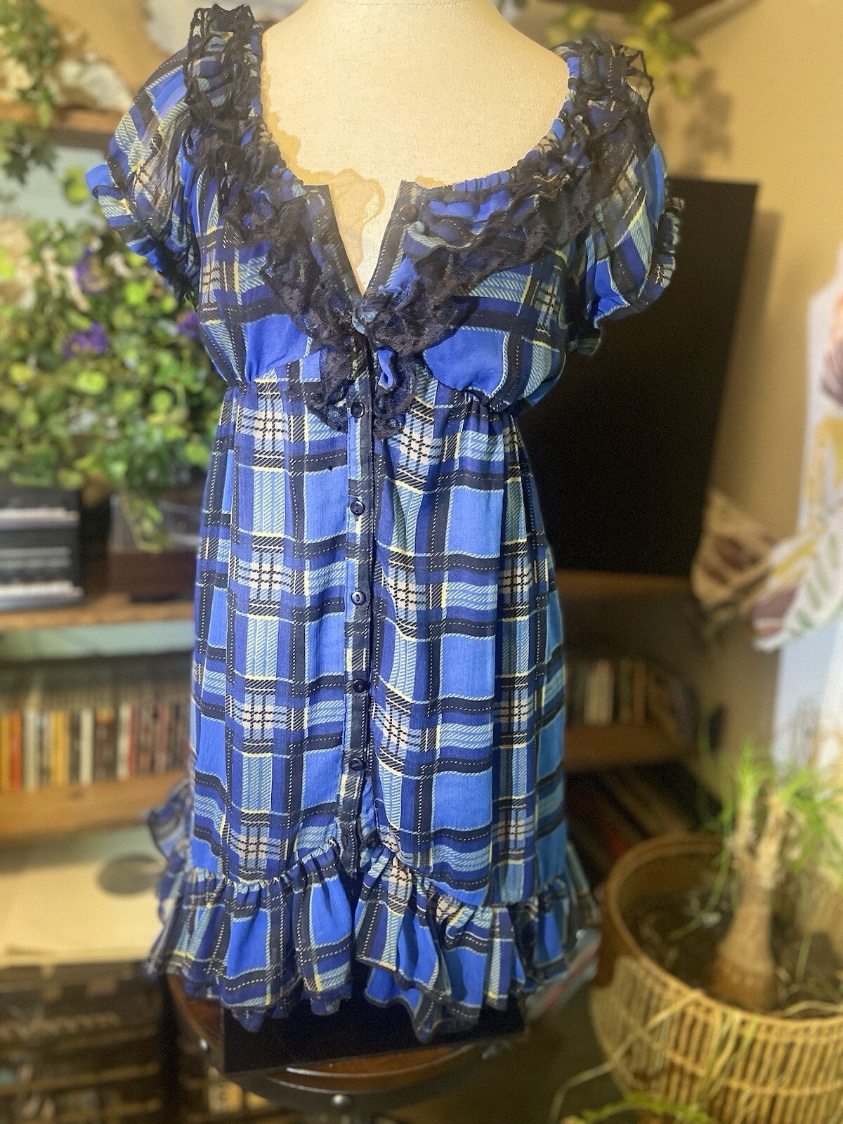 Y2K PLAID BABYDOLL BUTTON UP DRESS WITH RUFFELS AND LACE