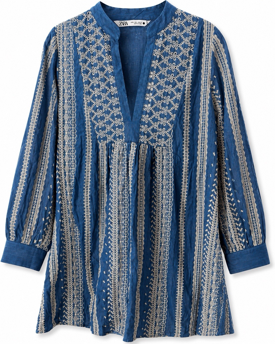 Zara Chambray Eyelet Embroidered Mini Tunic Dress | Size Large | Boho Blue | NWT