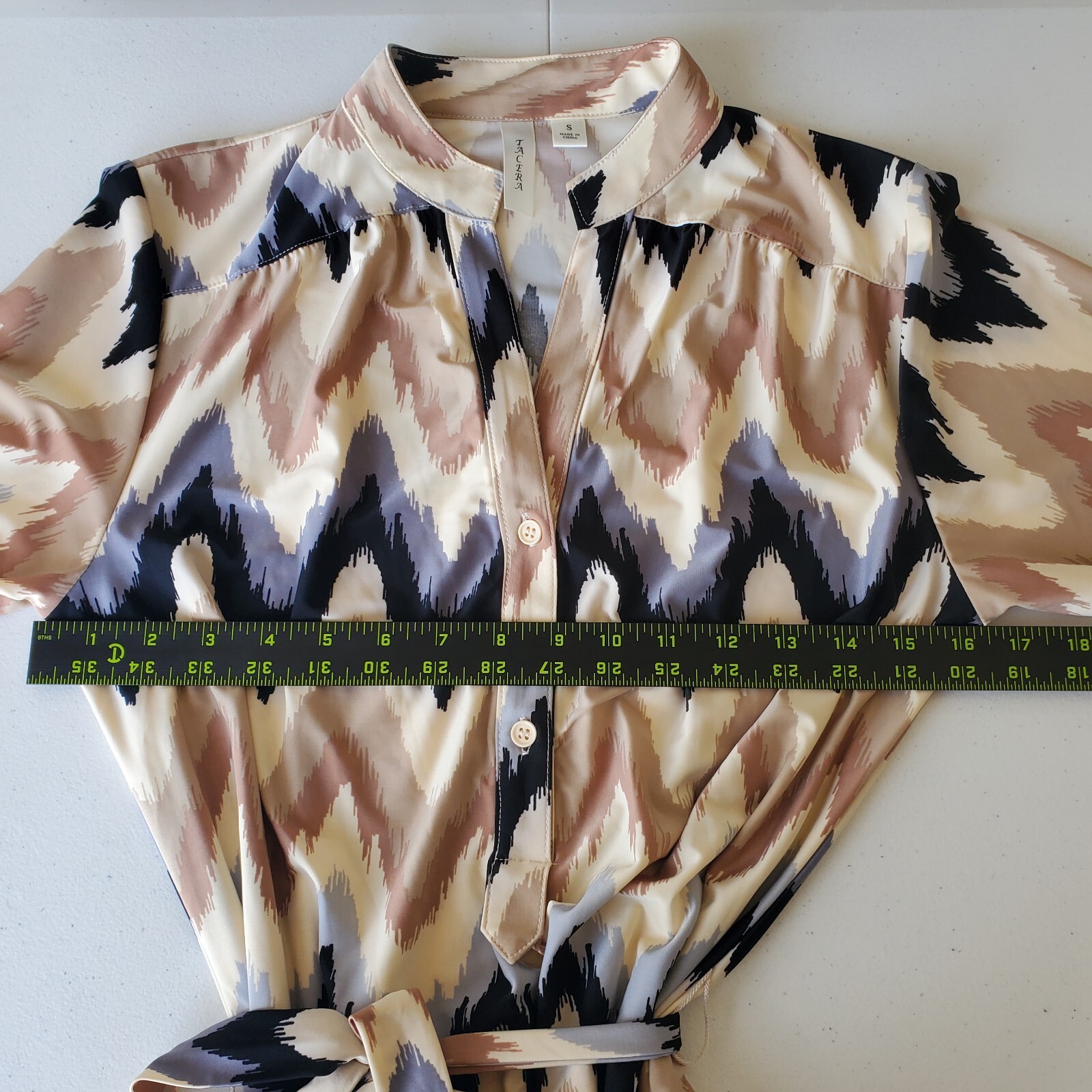 Tacera Dress Womens Small Beige Blue Black Chevron Pintuck Mandarin Collar