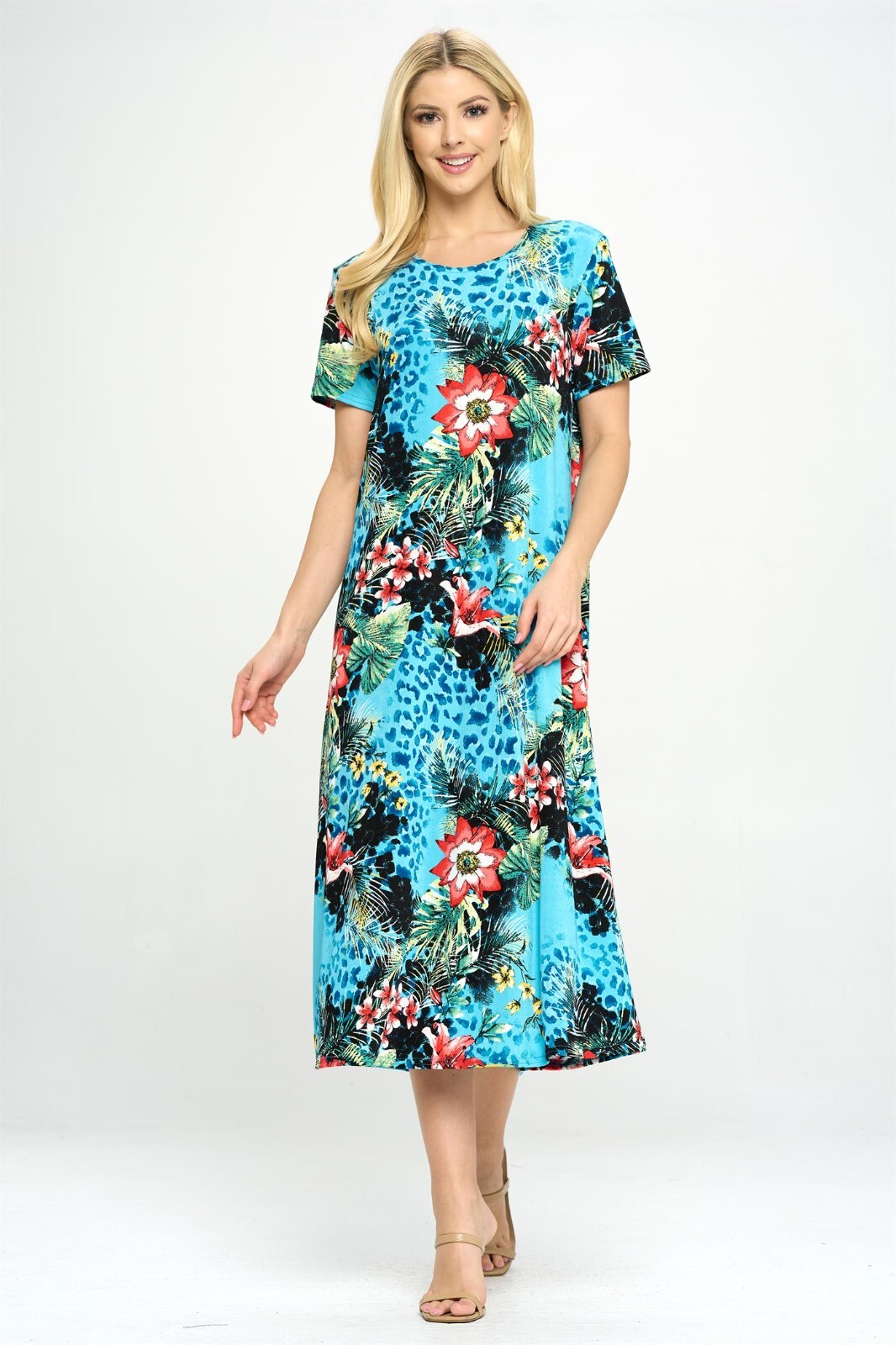 Travel Knit Dress, long A-Line S/S , Stretchy NO-IRON poly/span. #326