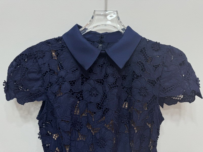 Self-Portrait Flip collar Short sleeves Dark blue Embroidery Fishtail Dress