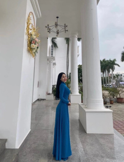 Blue Ao Dai Chiffon Double Layer Vietnamese Long Dress with Matching Pants G62