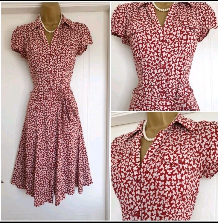 Vintage 1940s 1950s style Red floral party shirt tea dress Size 16 18