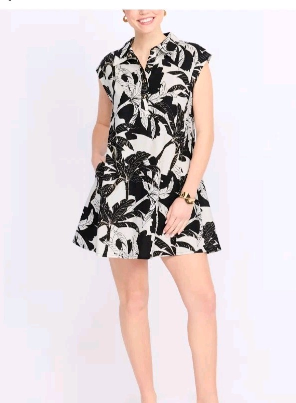 Maggy London Popover Shirt A-line Dress Black White Floral Button Down Dress