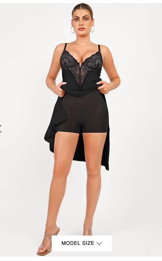 NWT Popilush Shapewear Lace V Neck Side Slit Slimming Maxi Slip Dress black L