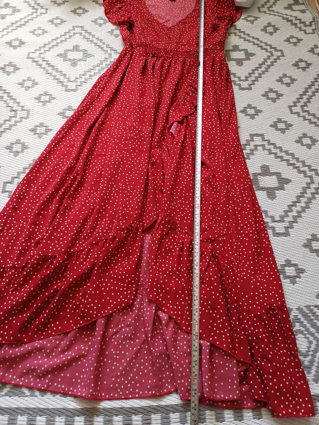 Red white Polka Dot Waterfall floaty Shirred Maxi summer Dress 👗 S M 10 12