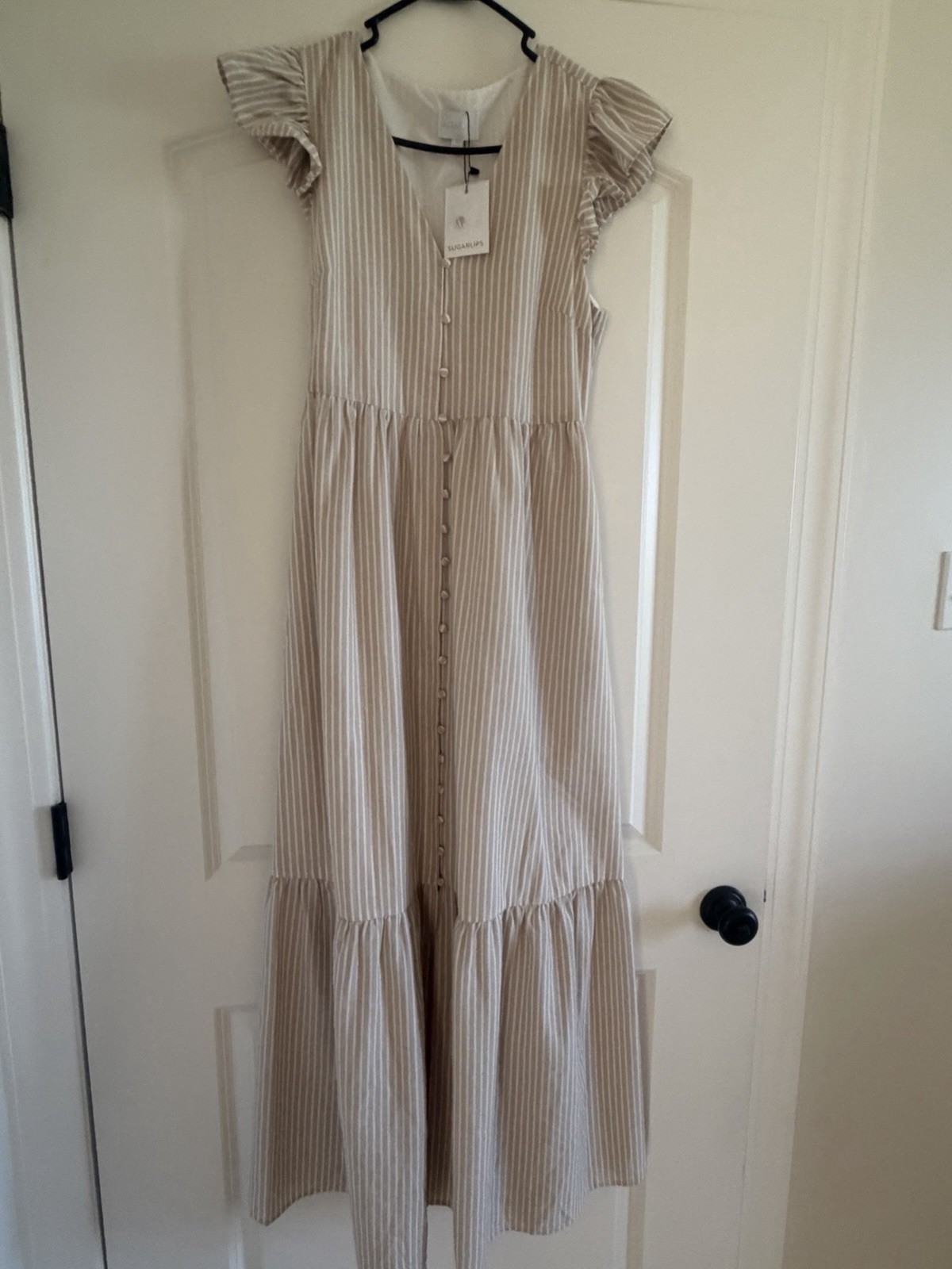 Sugarlips Beige/White Striped V-Neck Button Front Maxi Dress Womens M