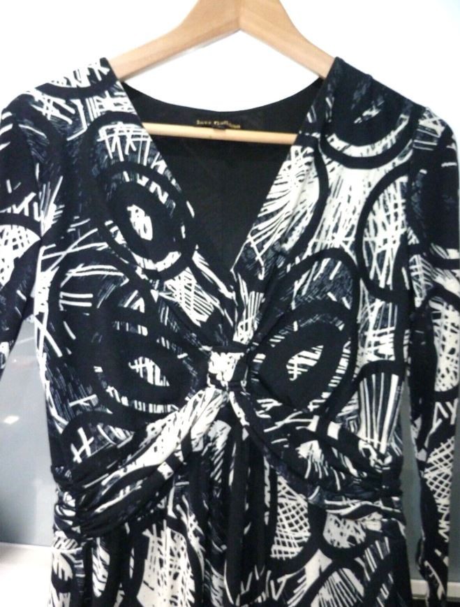 JEFF GALLANO PARIS DESIGNER black cream ABSTRACT ruched LORCA dress Size 10 12