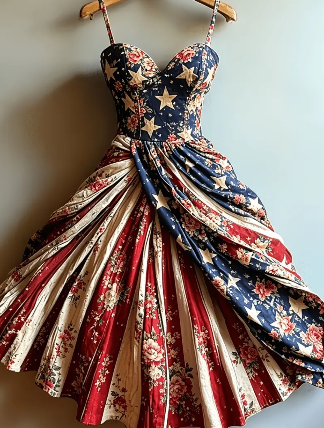Summer Retro Independence Day Themed Printed Camisole V-neck Slim Waist Dress