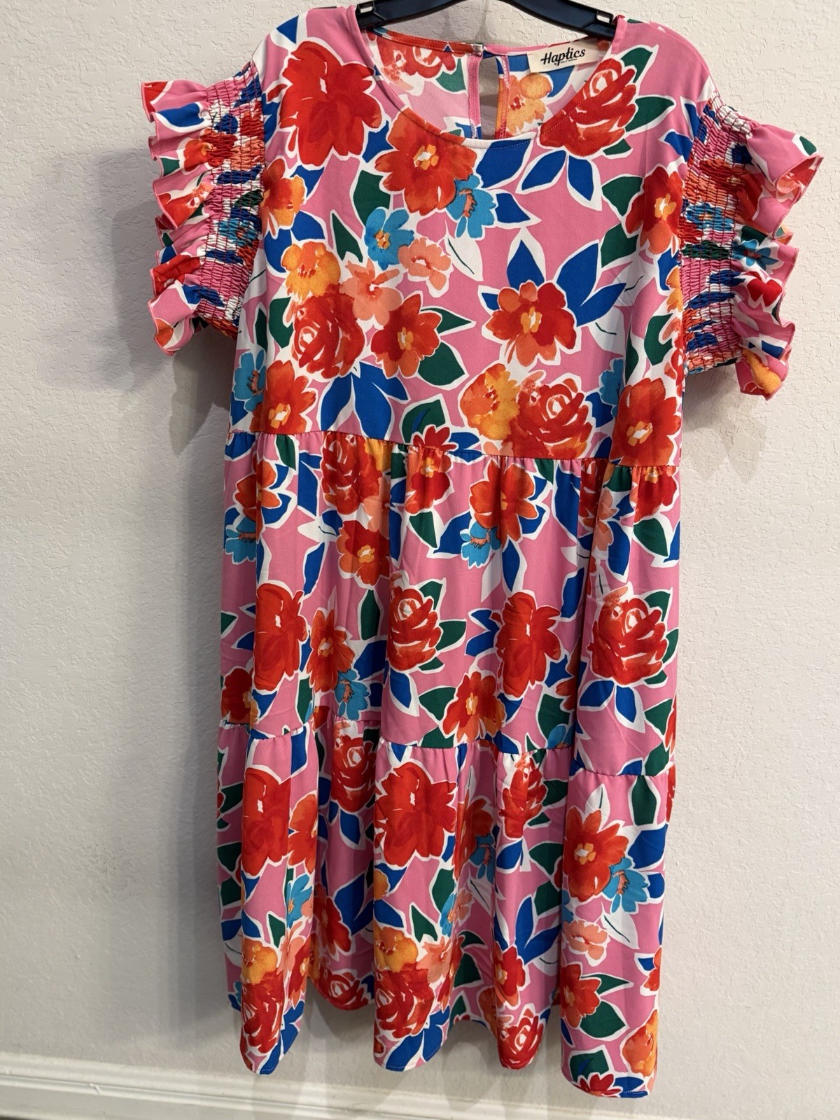 Haptics by Holly Harper 3X Pink Red Blue Floral Ruffle Sleeve Knee length
