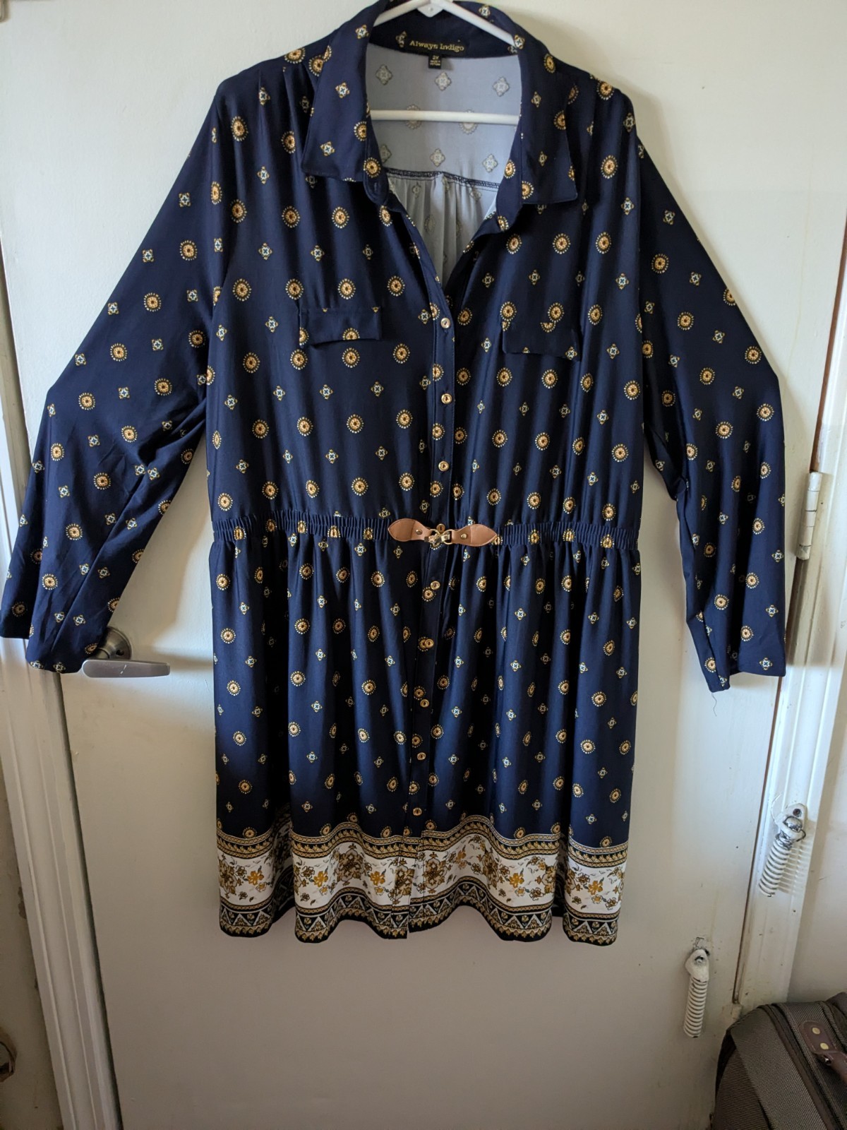 “Always Indigo” Plus Size 2X Navy Blue & Gold Collared Dress
