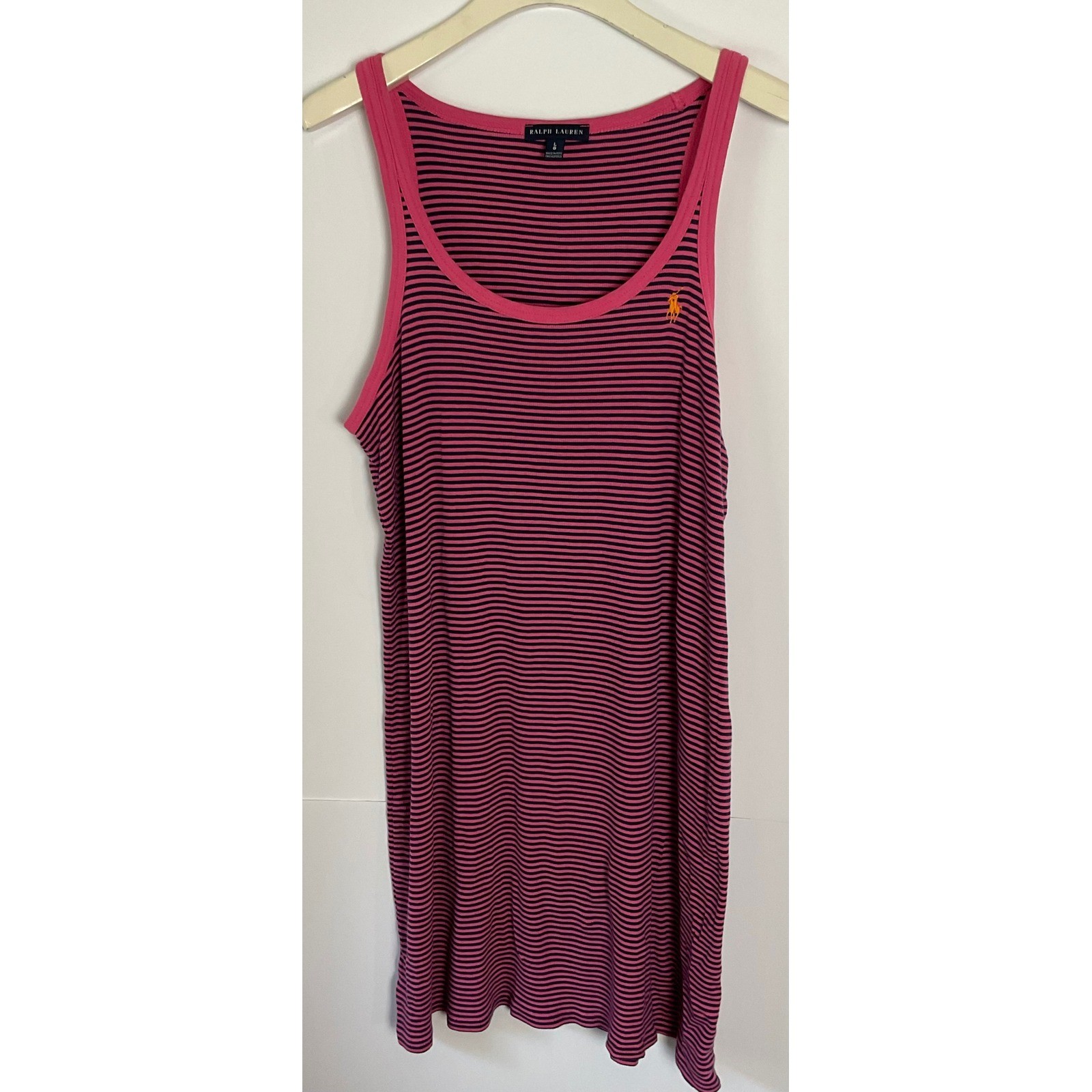 Ralph Lauren Pink Navy Striped Pima Cotton Ribbed Tank Dress Large
