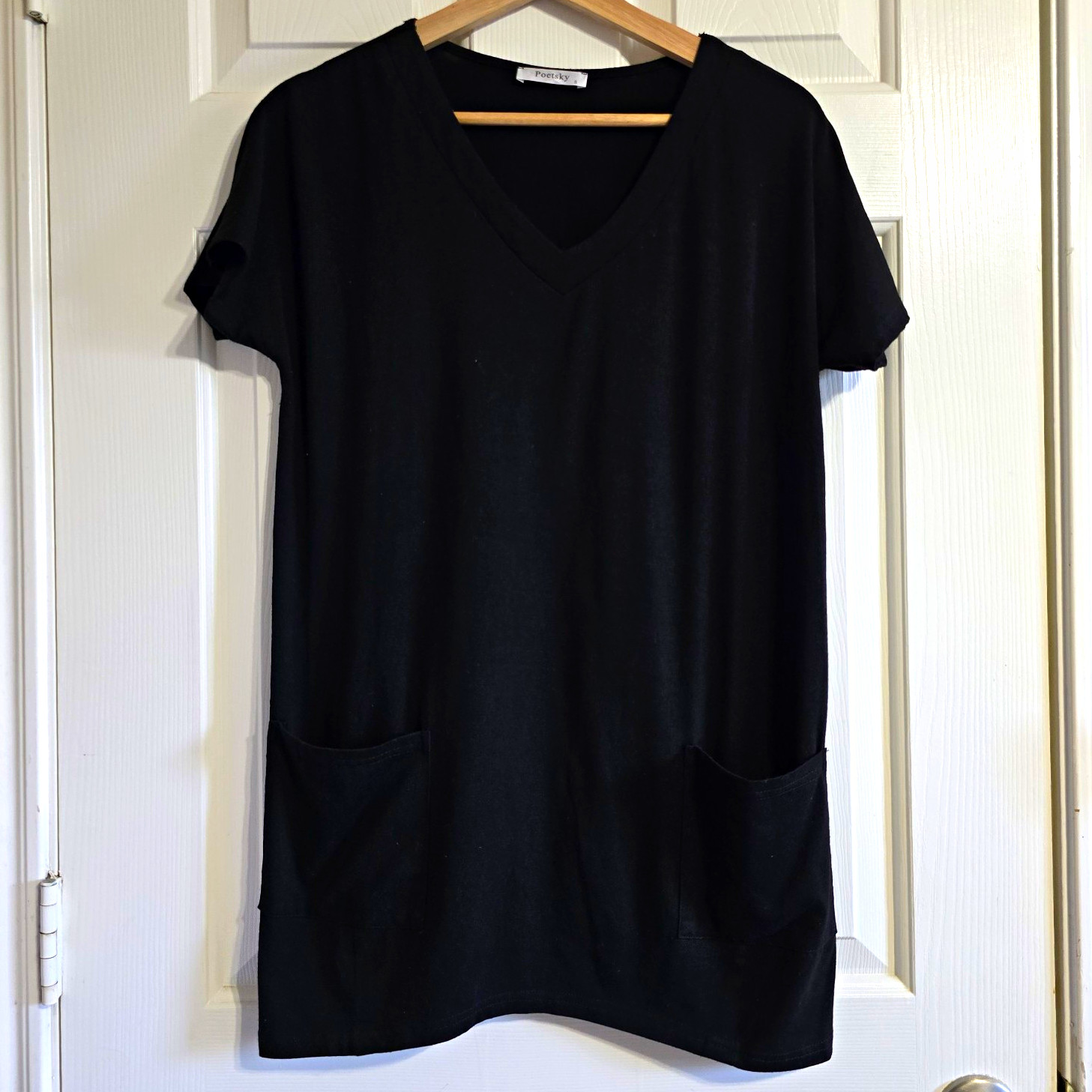 Poetsky Women’s Black Solid T-Shirt Dress V-Neck Short Sleeve Pockets S