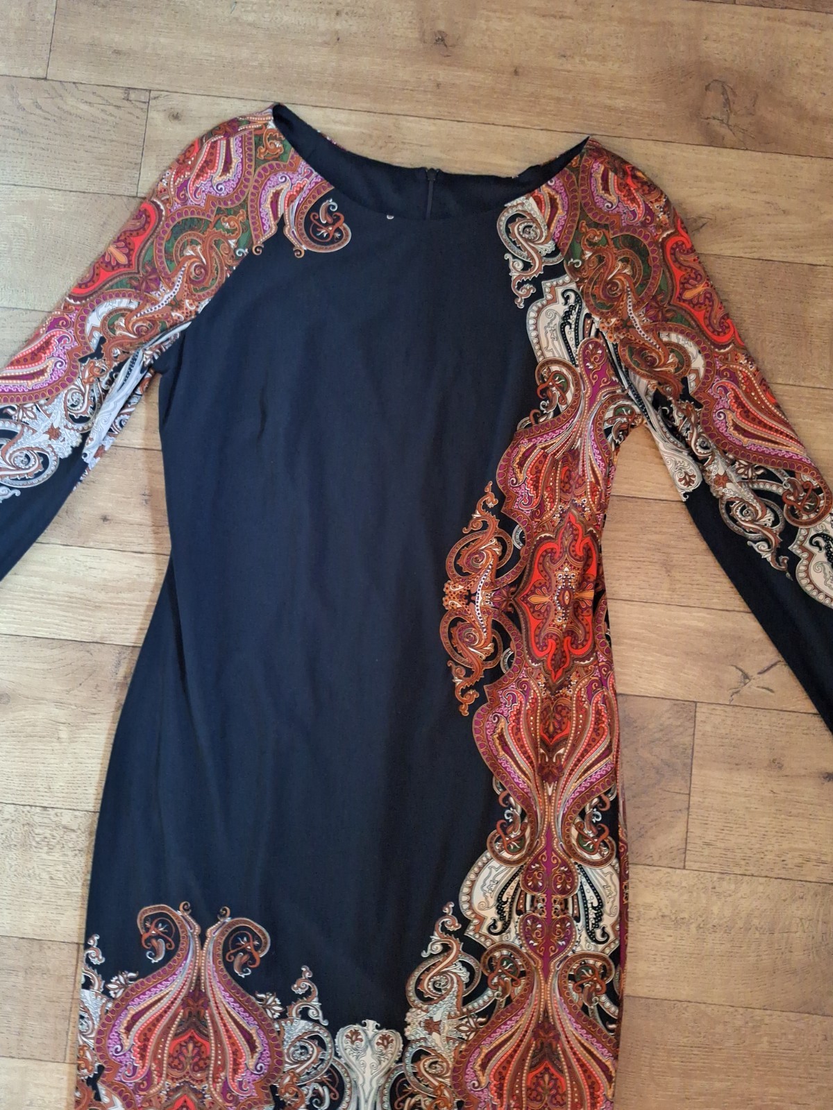 Joseph Ribkoff Paisley Print Black Orange Purple Sheath Dress UK 14 EU 42 USA 10