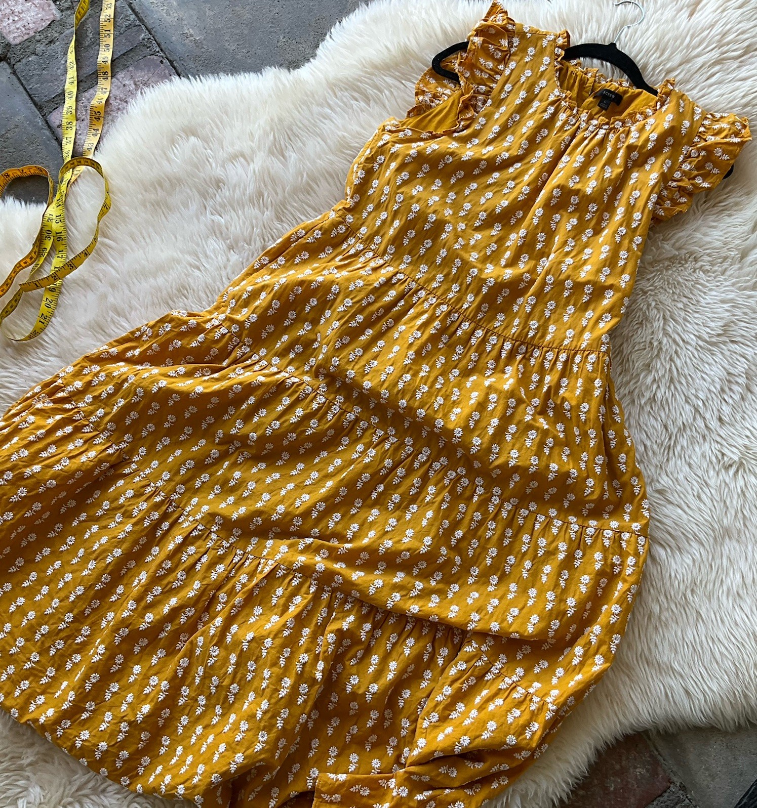 J. Crew Tiered 100% Cotton Voile Midi Dress Mustard Gold Flutter Sleeve Large