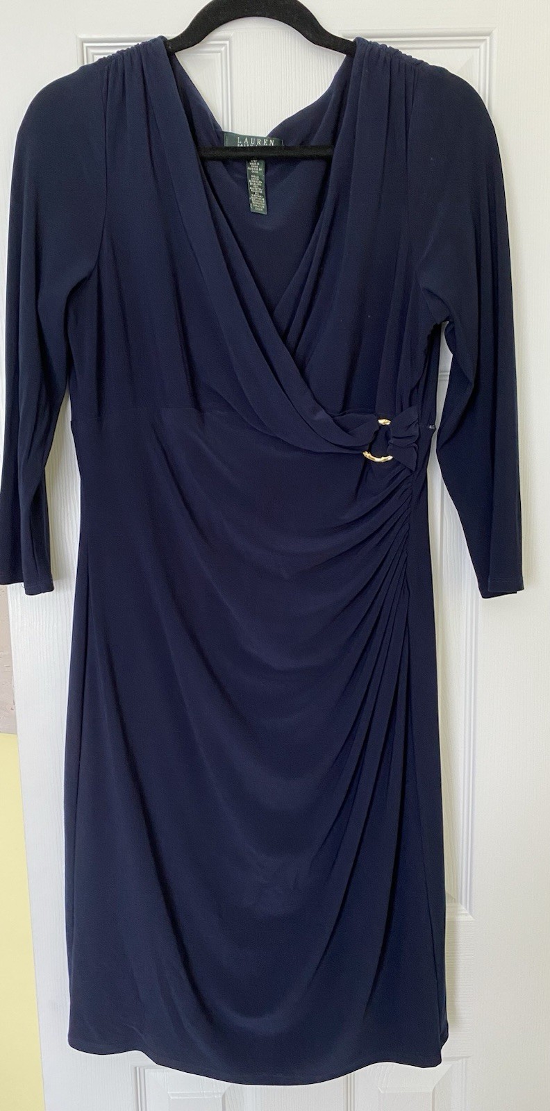 Lauren Ralph Lauren Navy Faux Wrap Jersey Dress Size 14P, Ruched Elegant