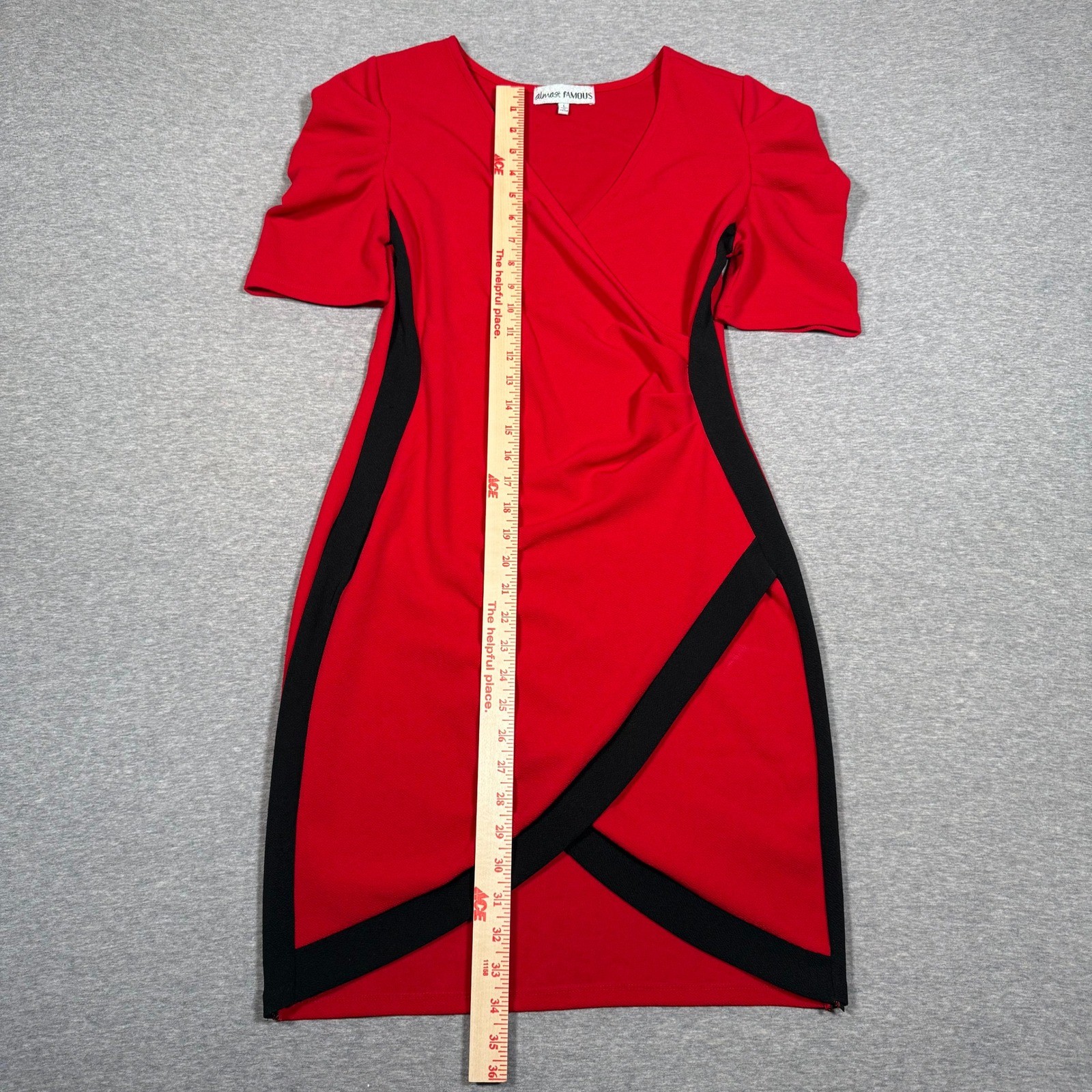 Almost Famous Red Black Colorblock Wrap Bodycon Dress Puff Sleeve Womens Large