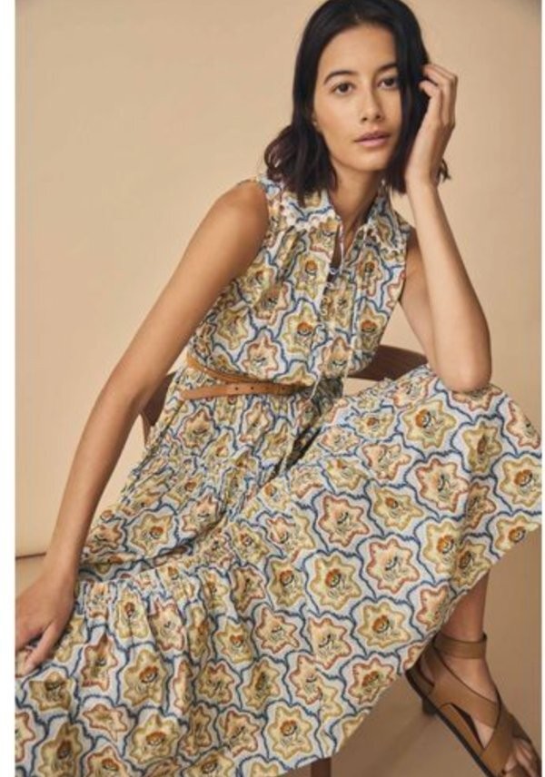 HUNTER BELL Sz S Small Tea Time Floral Westin Dress Sleeveless Tiered Midi Cotto