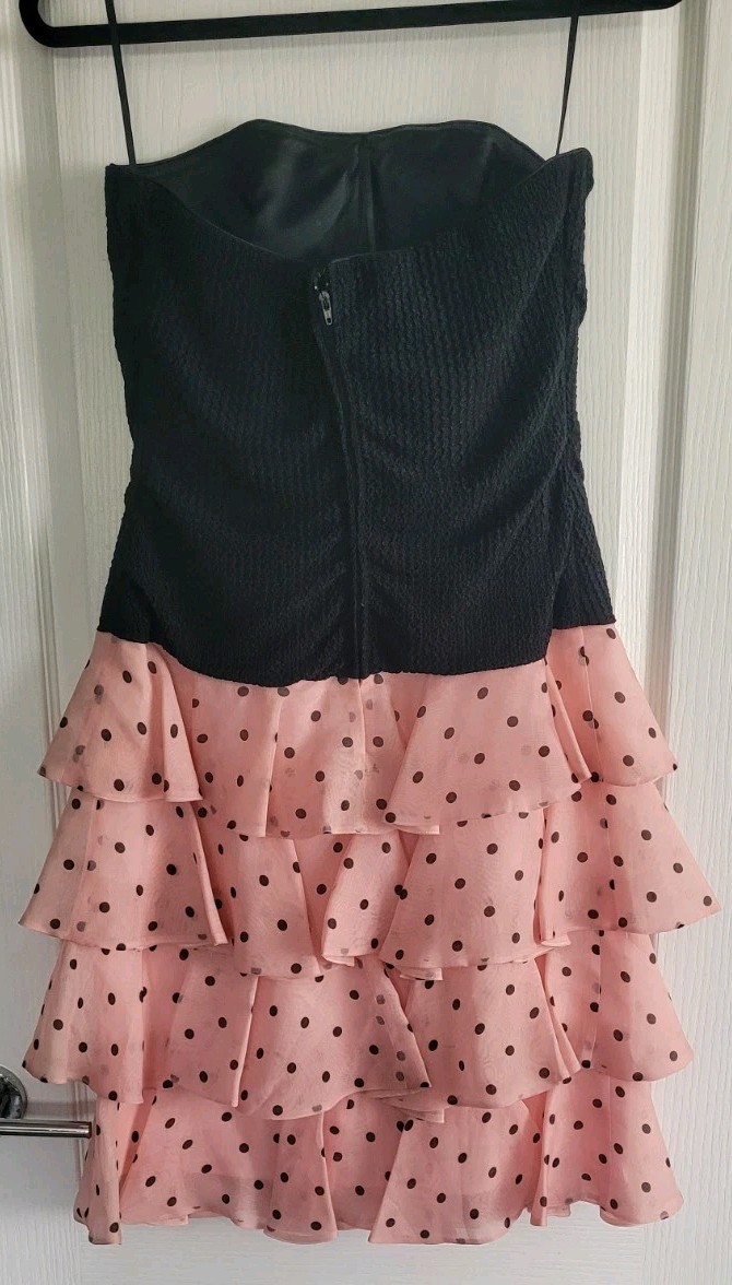 Vintage 80’s A.J. Bari Silk Strapless Party Dress Black/Pink Polka Dot Size 6