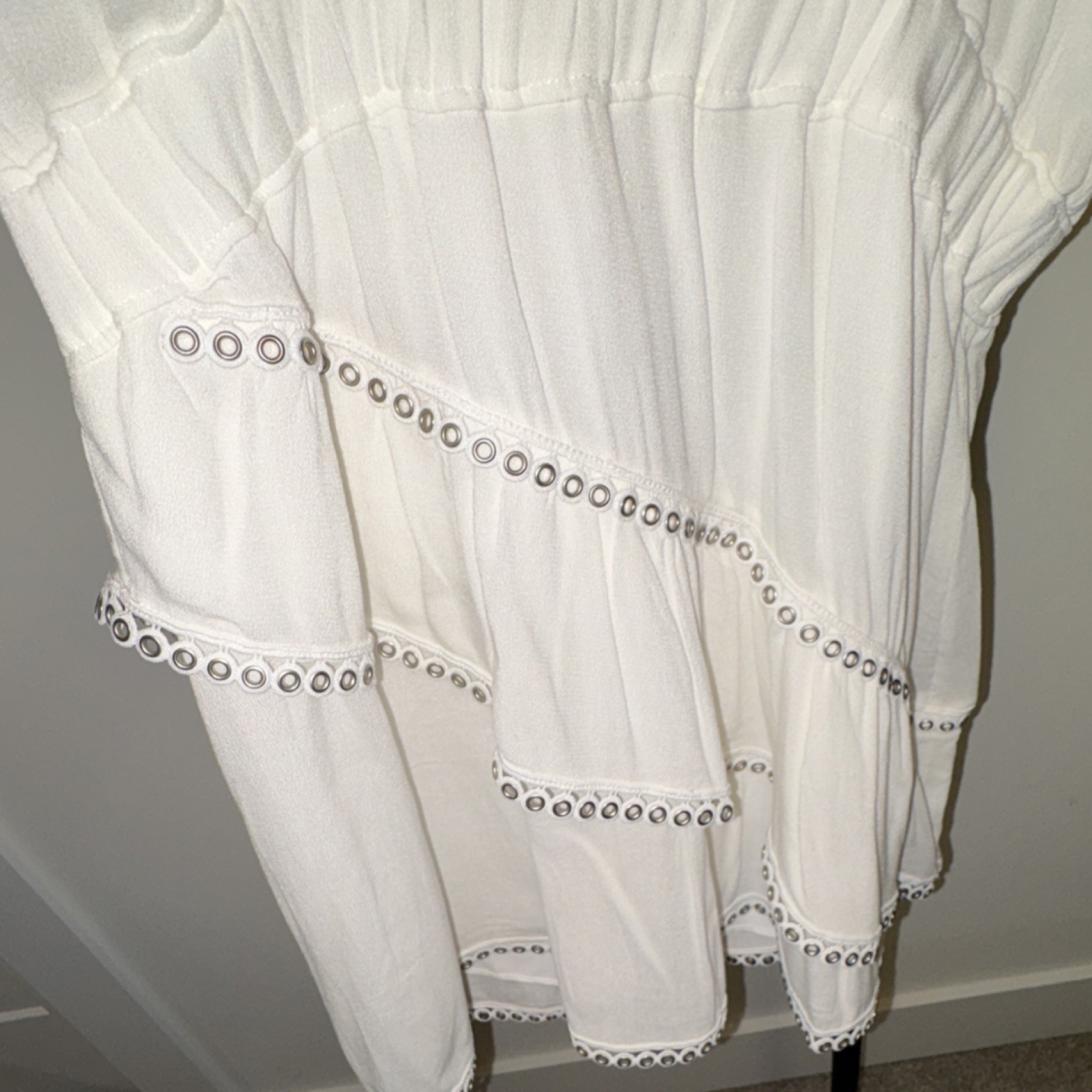 IRO Paris White V-Neck mini dress 100% Viscose eyelet trim elastic waist size 38