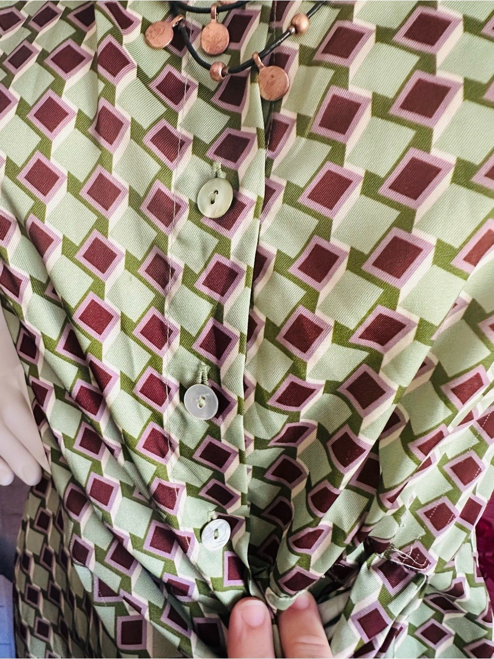 Mango Retro Green & Brown Geometric Mini Dress